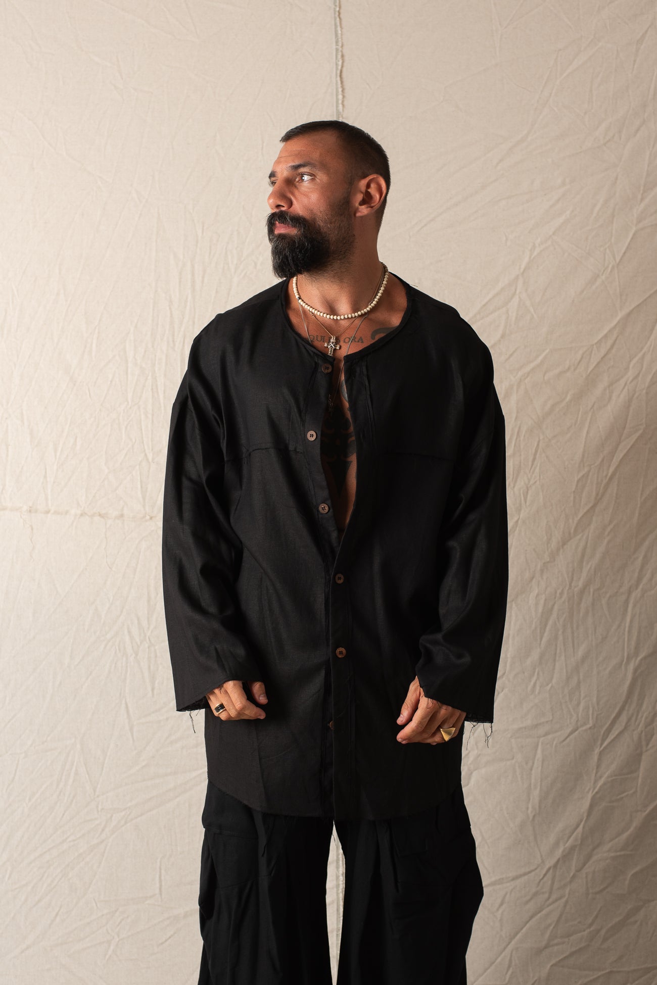 Camicia Manica Lunga In Lino  Nero