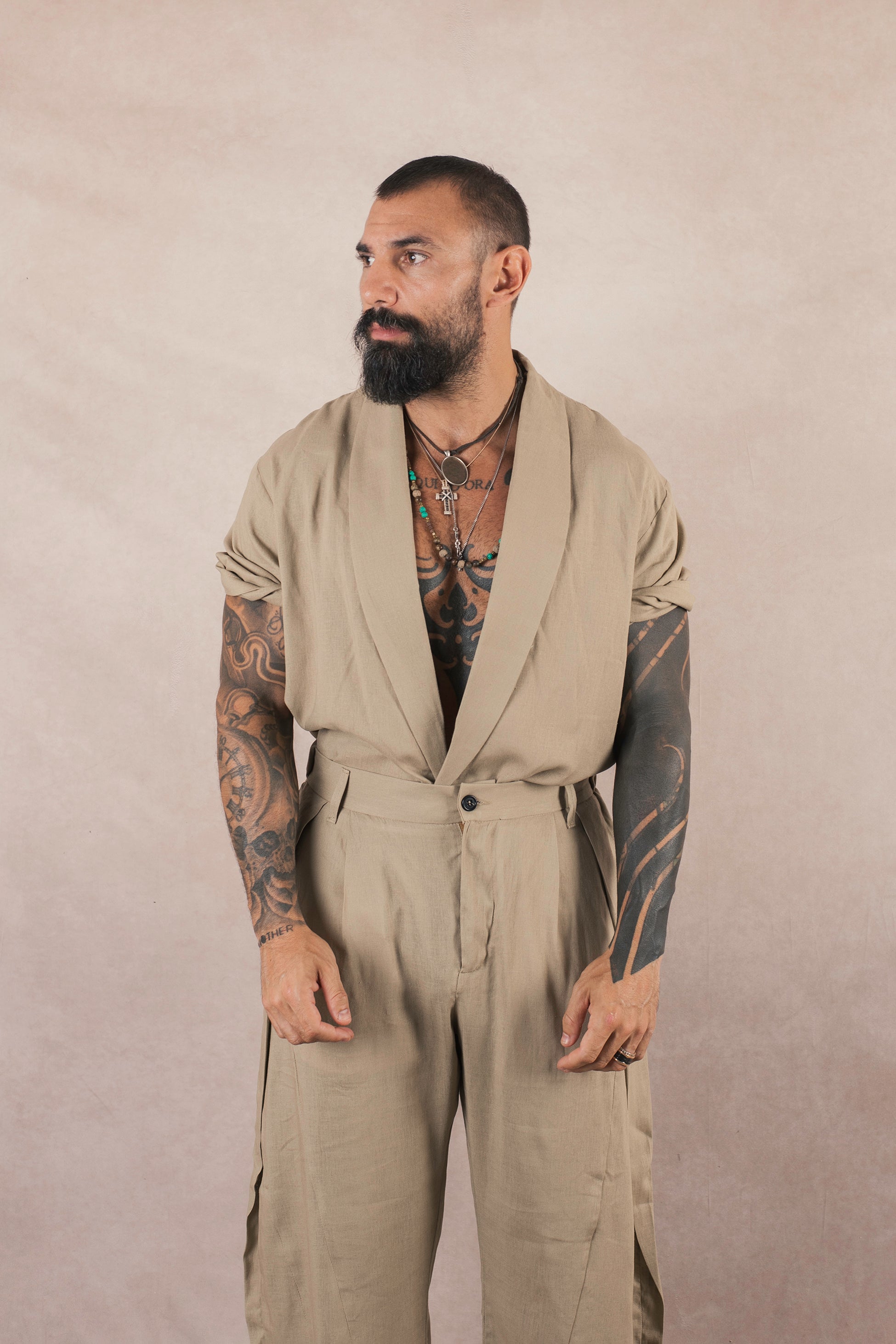 Camicia Monopetto In Lino khaki