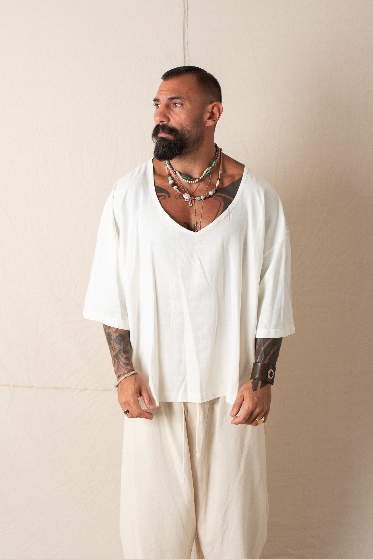 T-shirt V in Lino M/m  Bianco