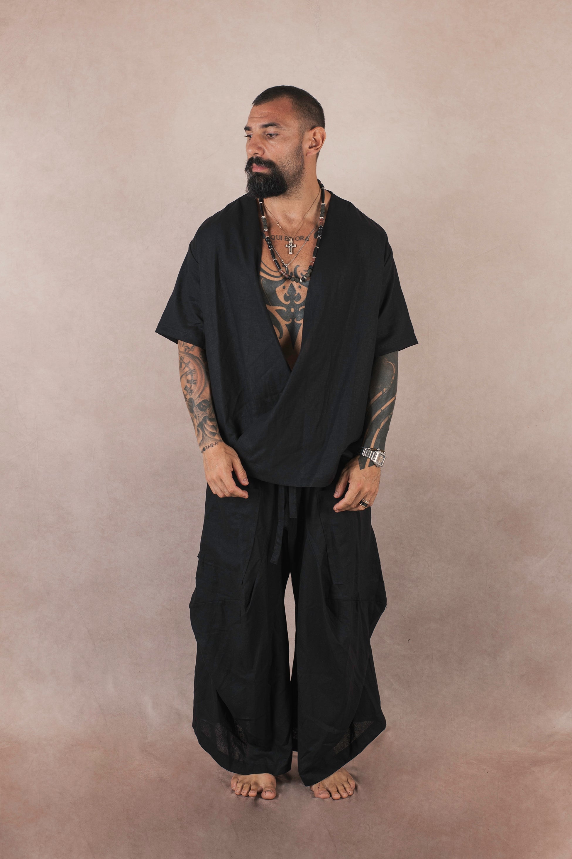 Camicia Incrocio In Lino Nero