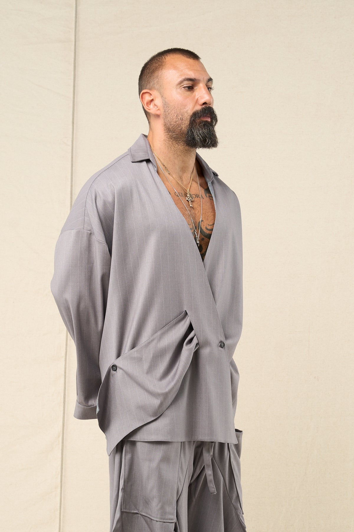 Blazer Incrocio Gessato Grigio