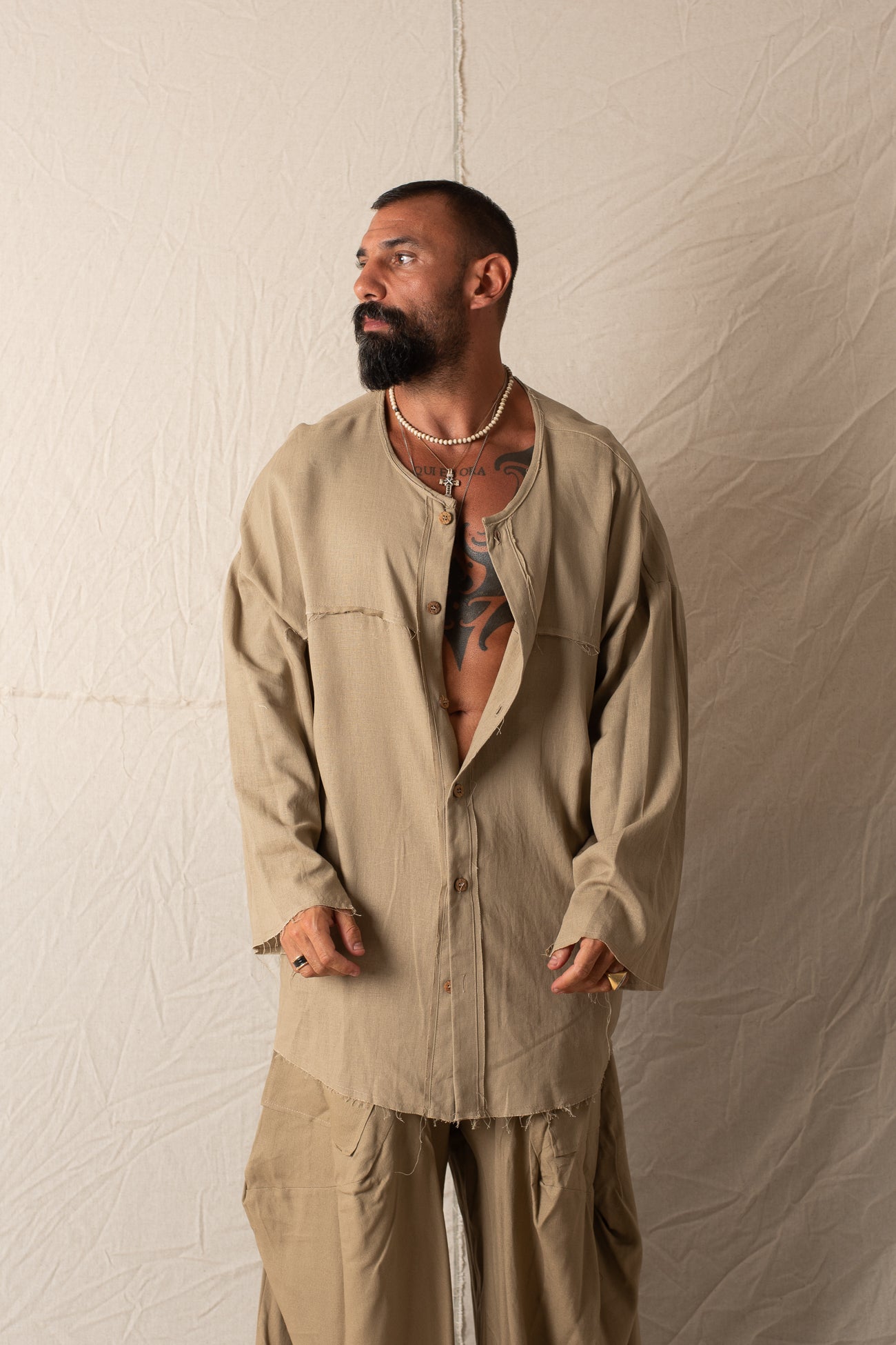 Camicia Manica Lunga In Lino Khaki