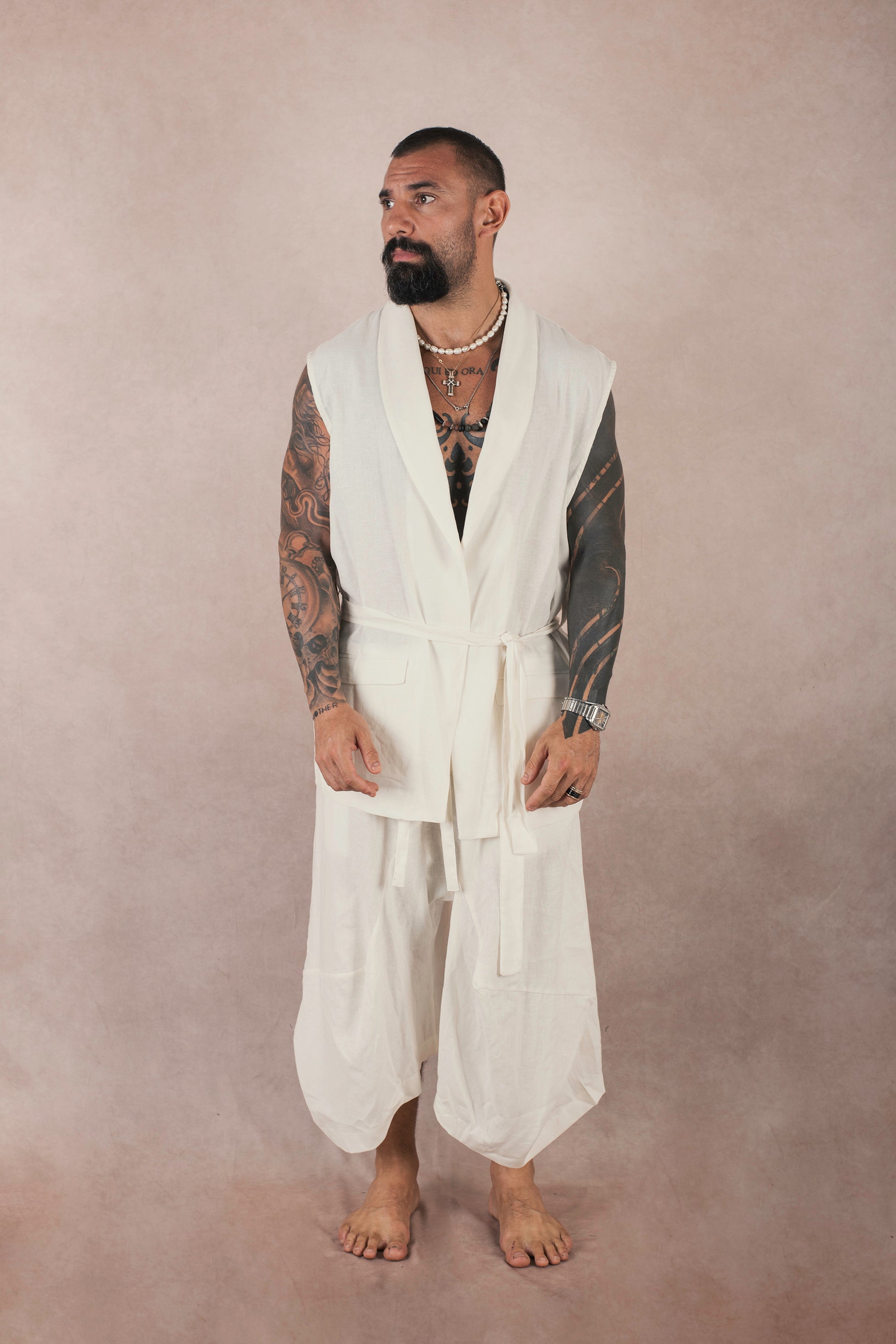 Kimono Smanicato In Lino Bianca