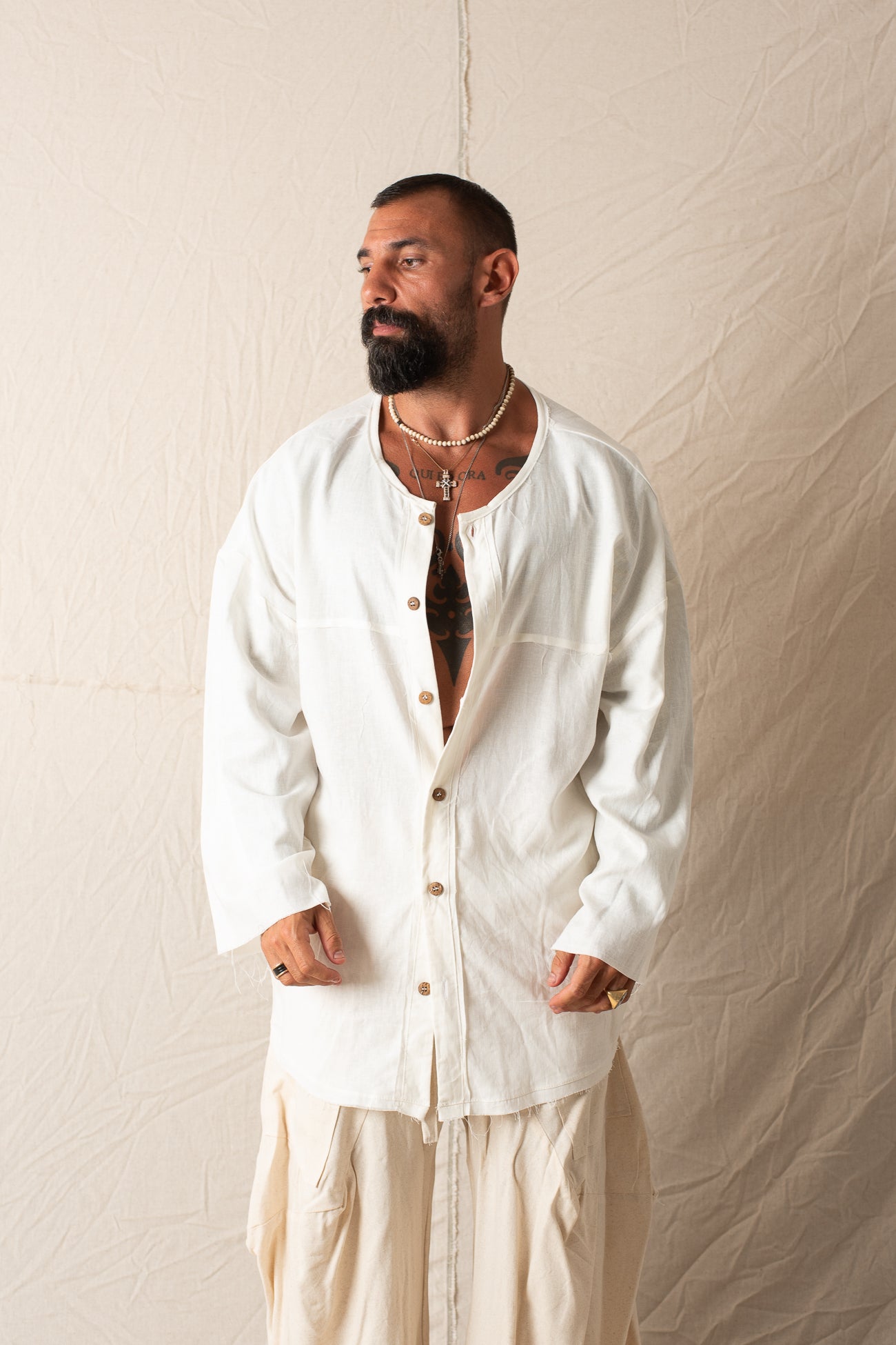 Camicia Manica Lunga In Lino  Bianco