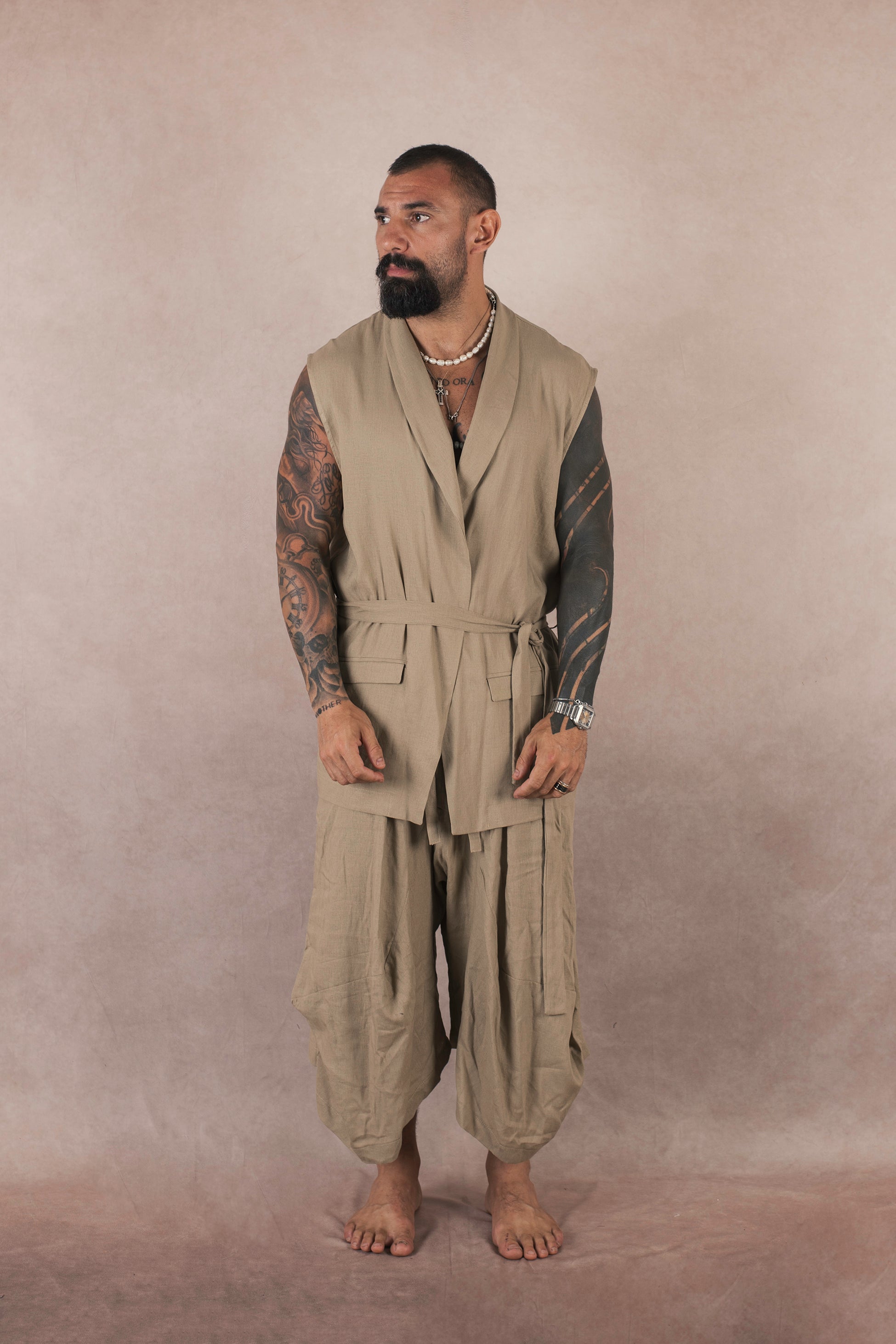 Kimono Smanicato In Lino Khaki