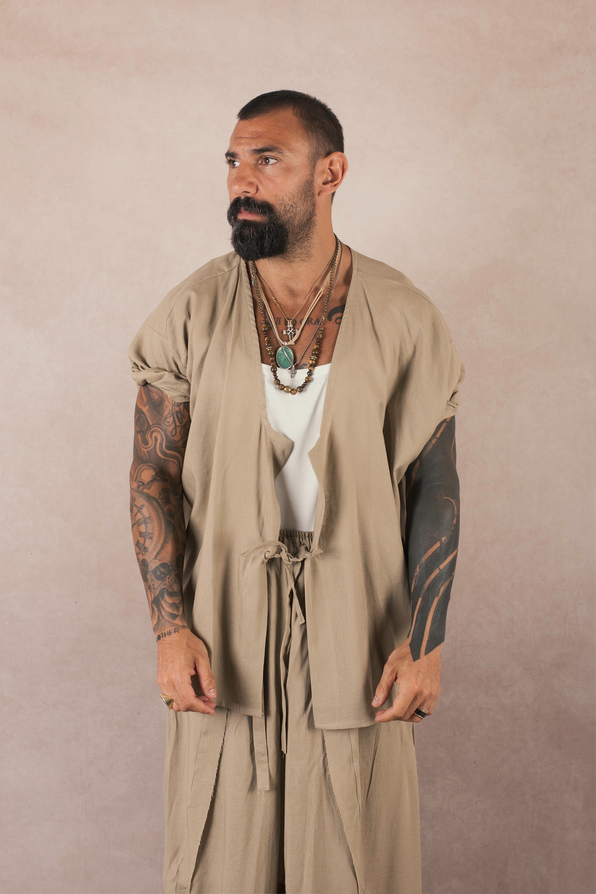 Kimono Mezza Manica In Lino Khaki