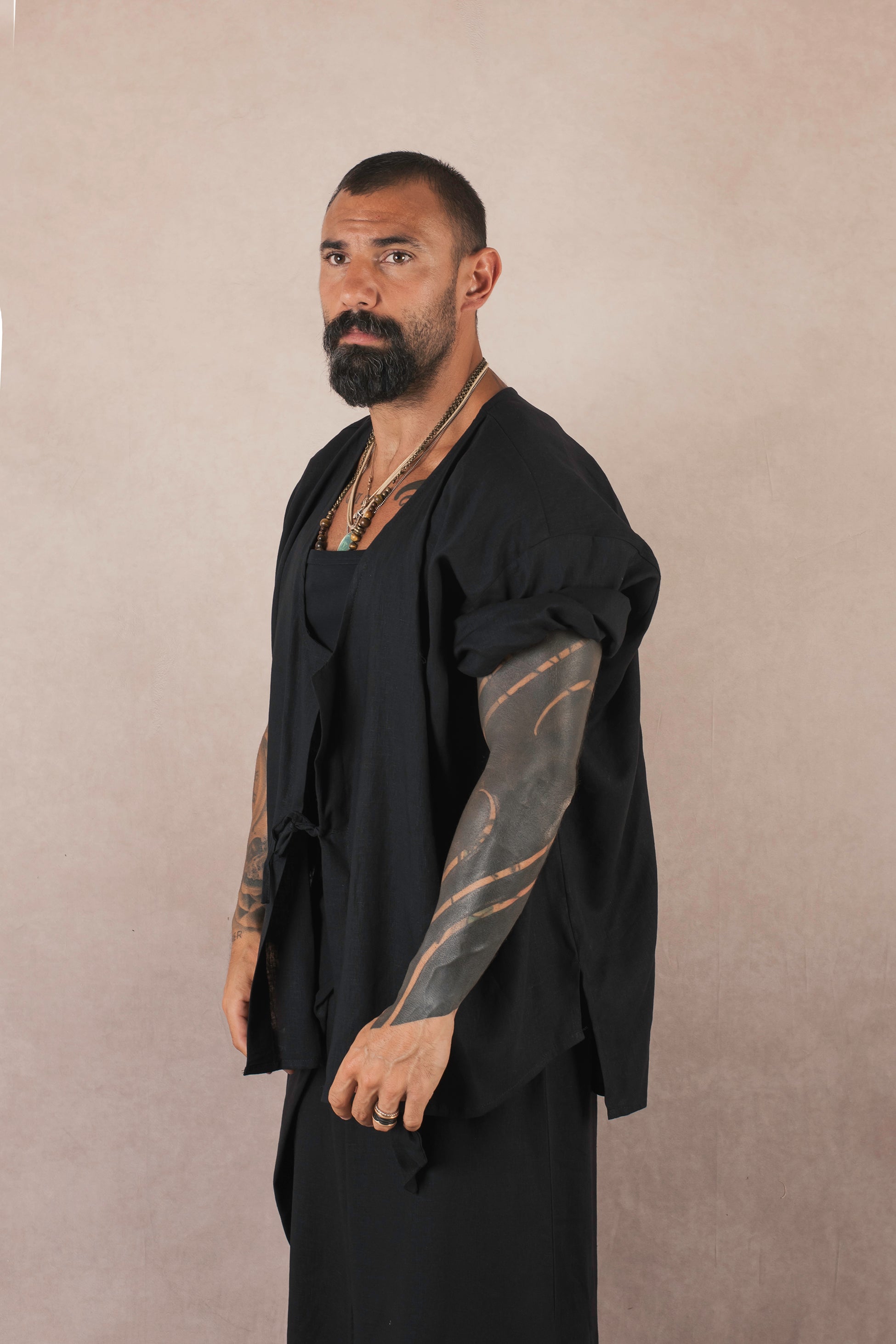Kimono Mezza Manica In Lino Nero