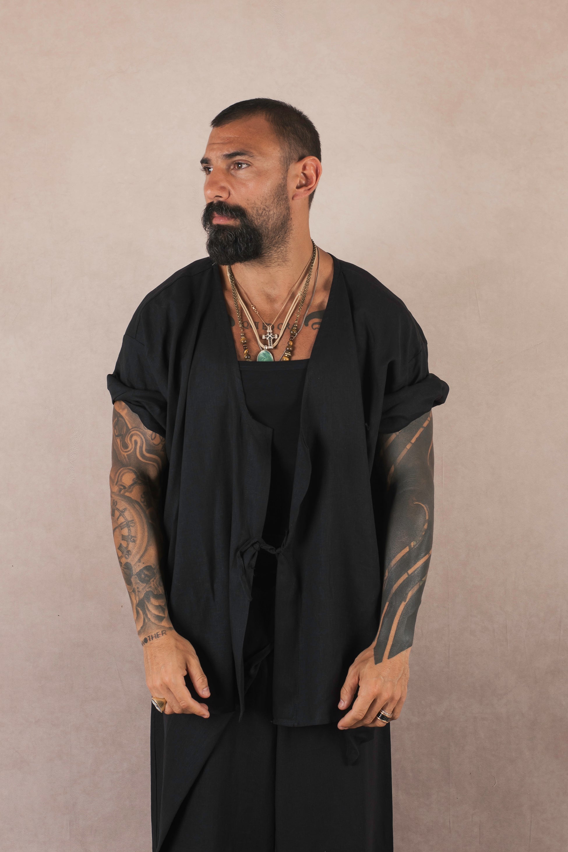 Kimono Mezza Manica In Lino Nero
