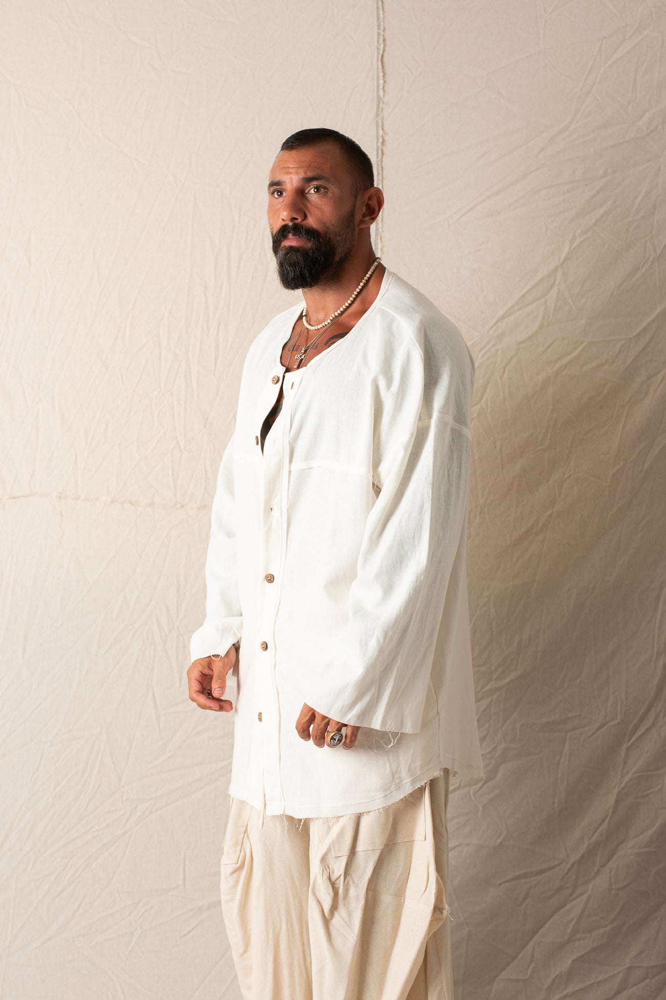 Camicia Manica Lunga In Lino  Bianco