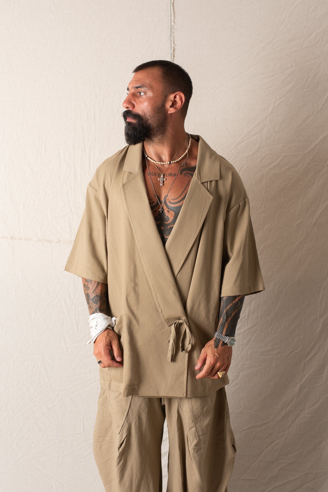 Giacca Camicia Mezza Manica Khaki
