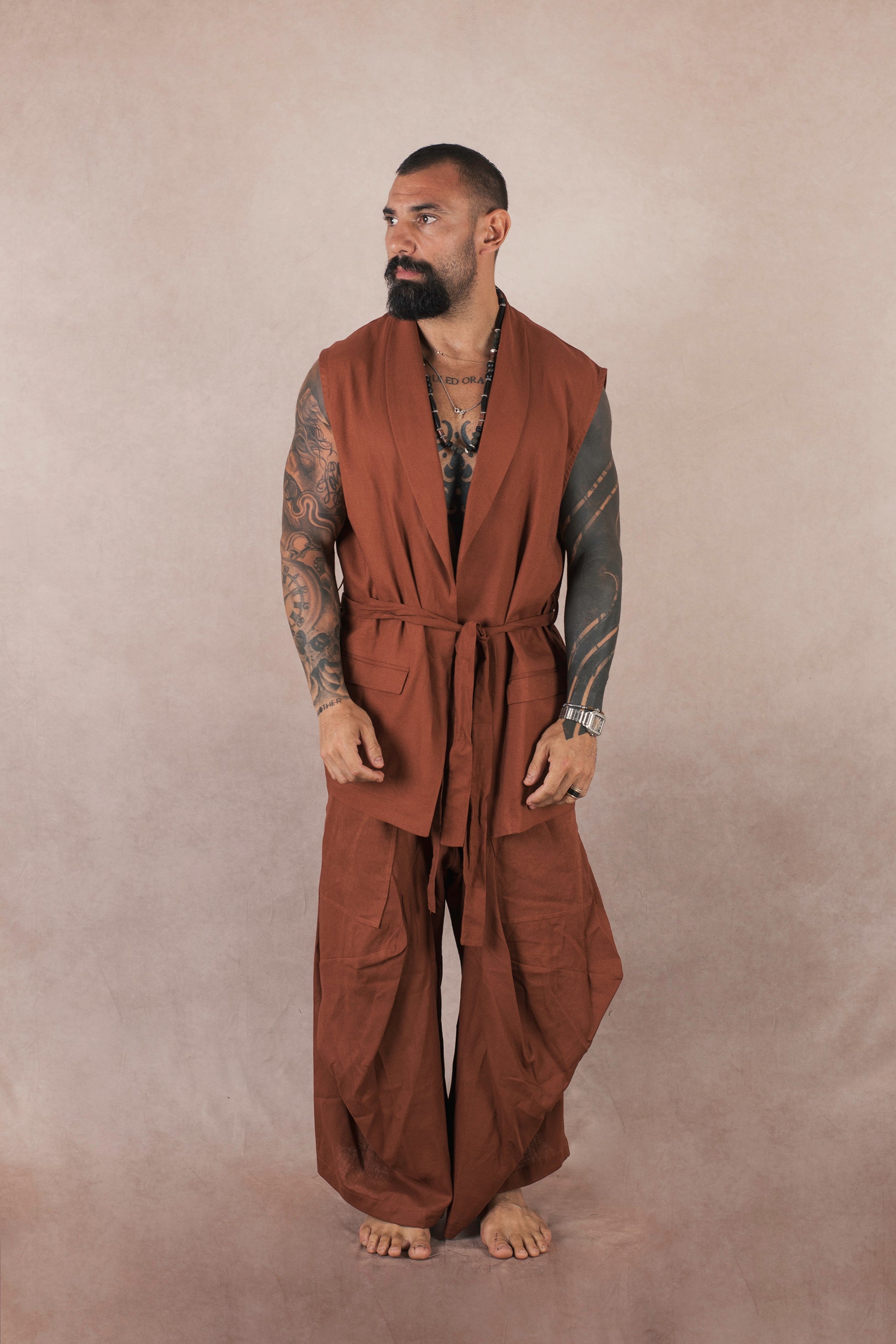 Kimono Smanicato In Lino Terra