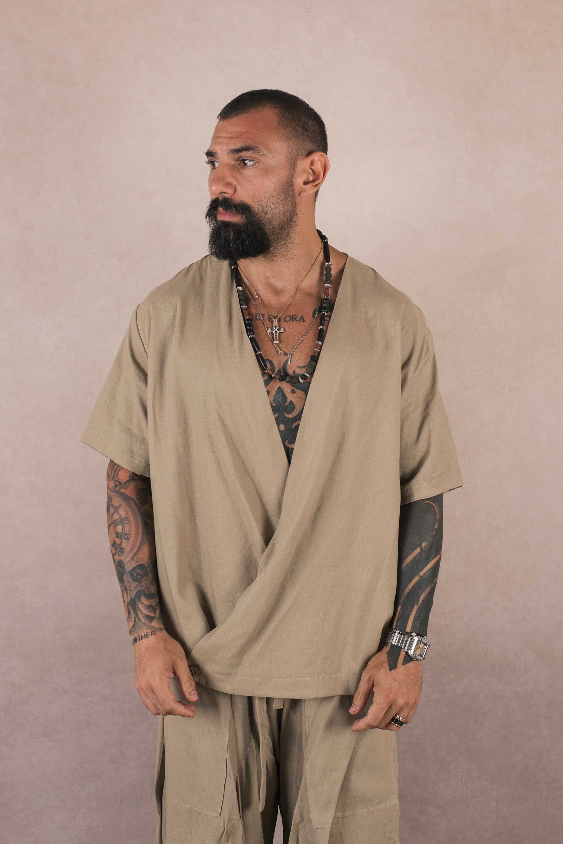 Camicia Incrocio In Lino Khaki