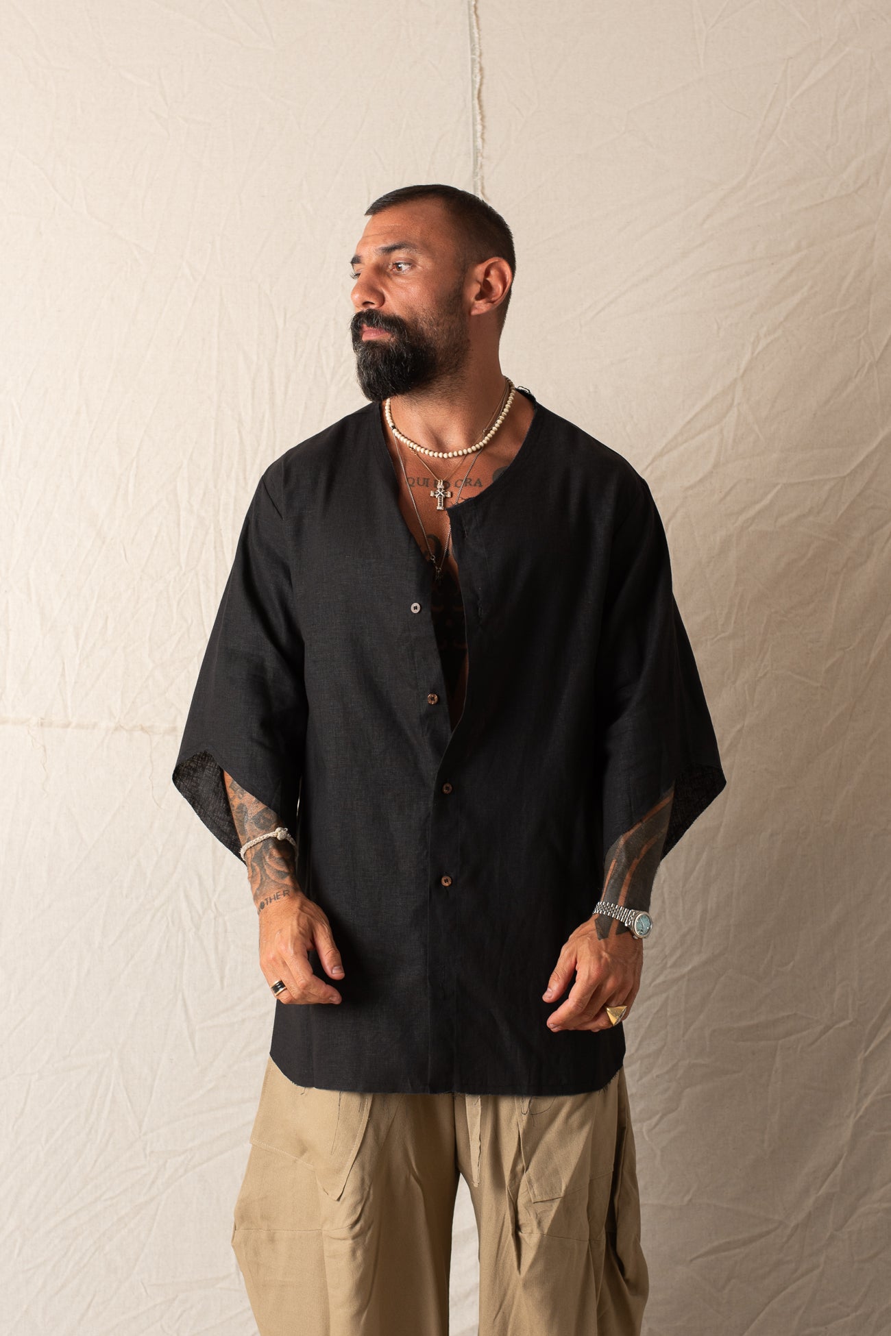 Camicia 3/4 In Lino Nero