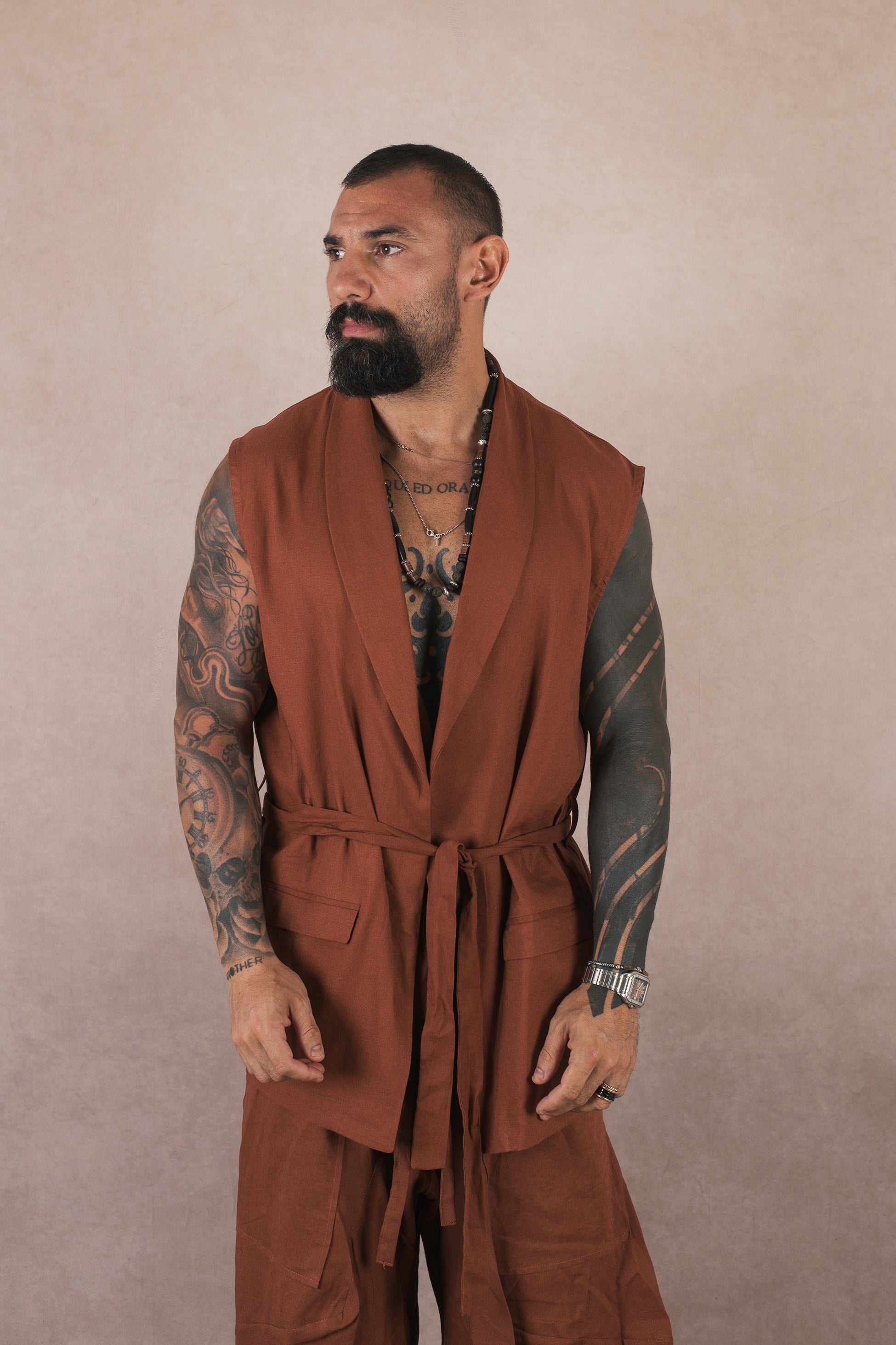 Kimono Smanicato In Lino Terra