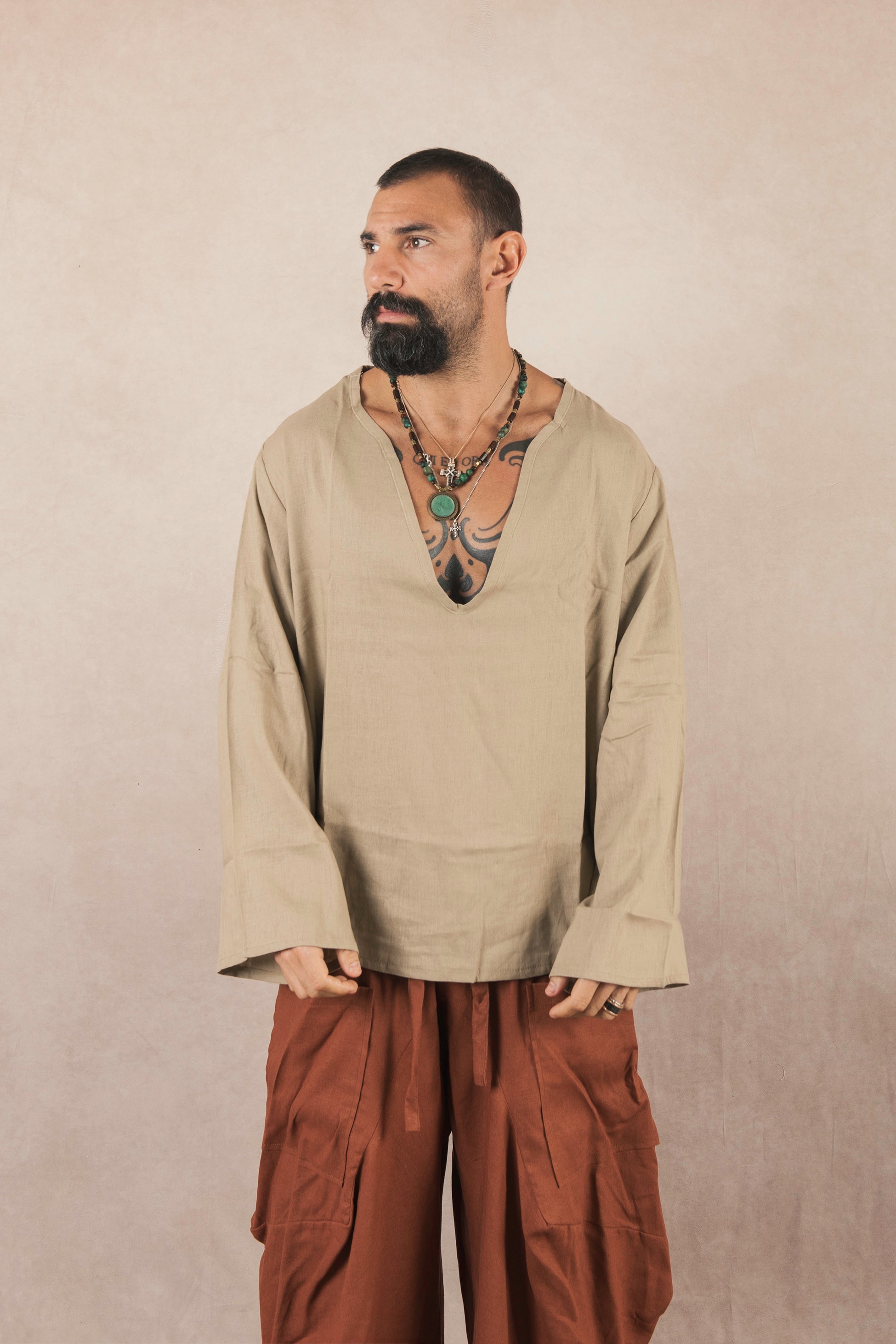 Casacca manica lunga in lino Khaki