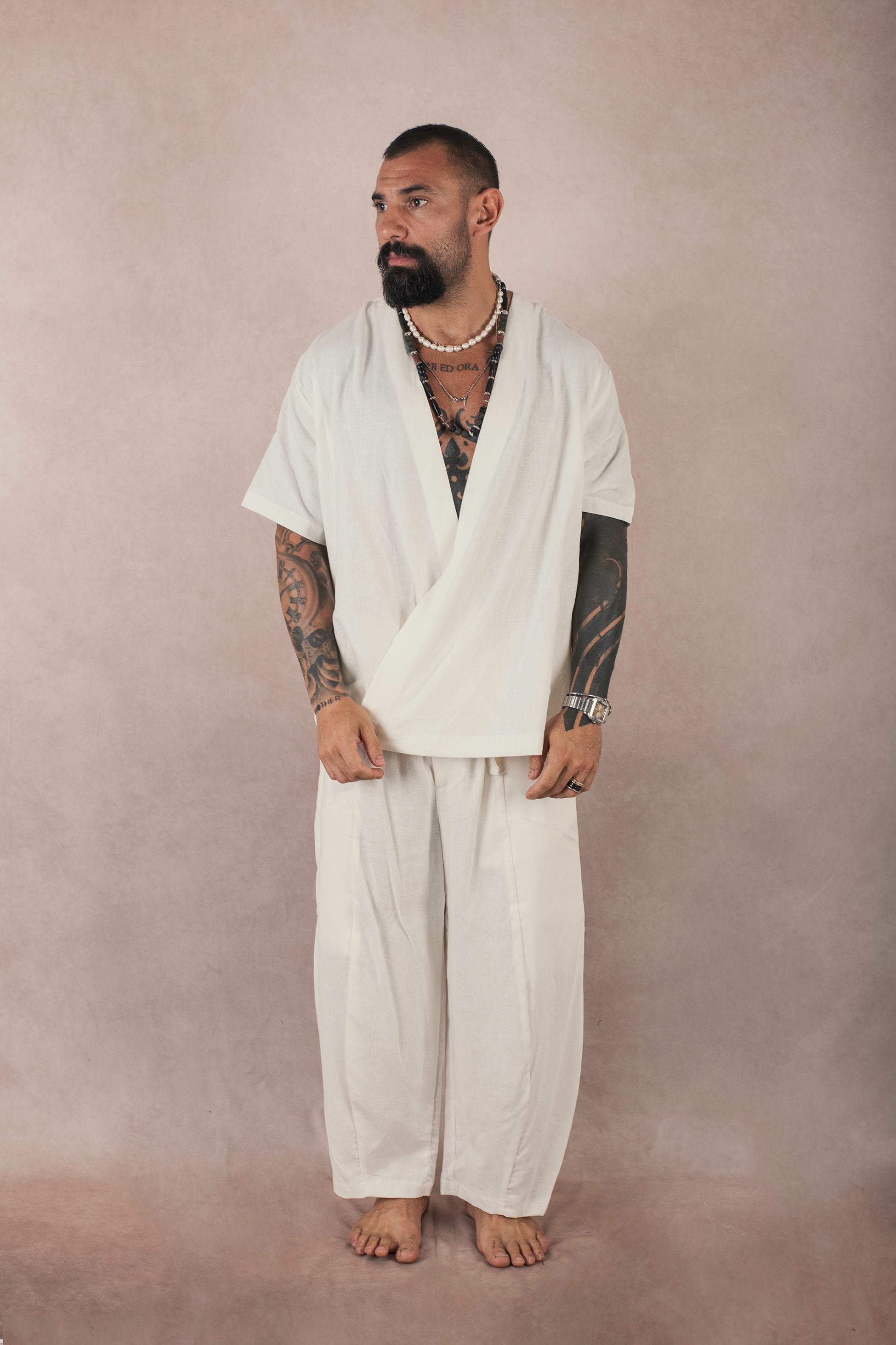 Camicia Incrocio In Lino Bianco