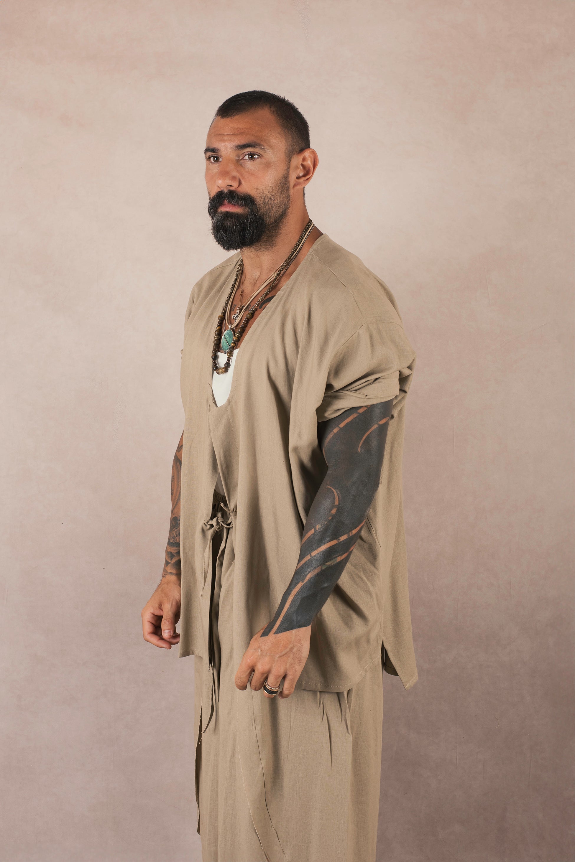 Kimono Mezza Manica In Lino Khaki