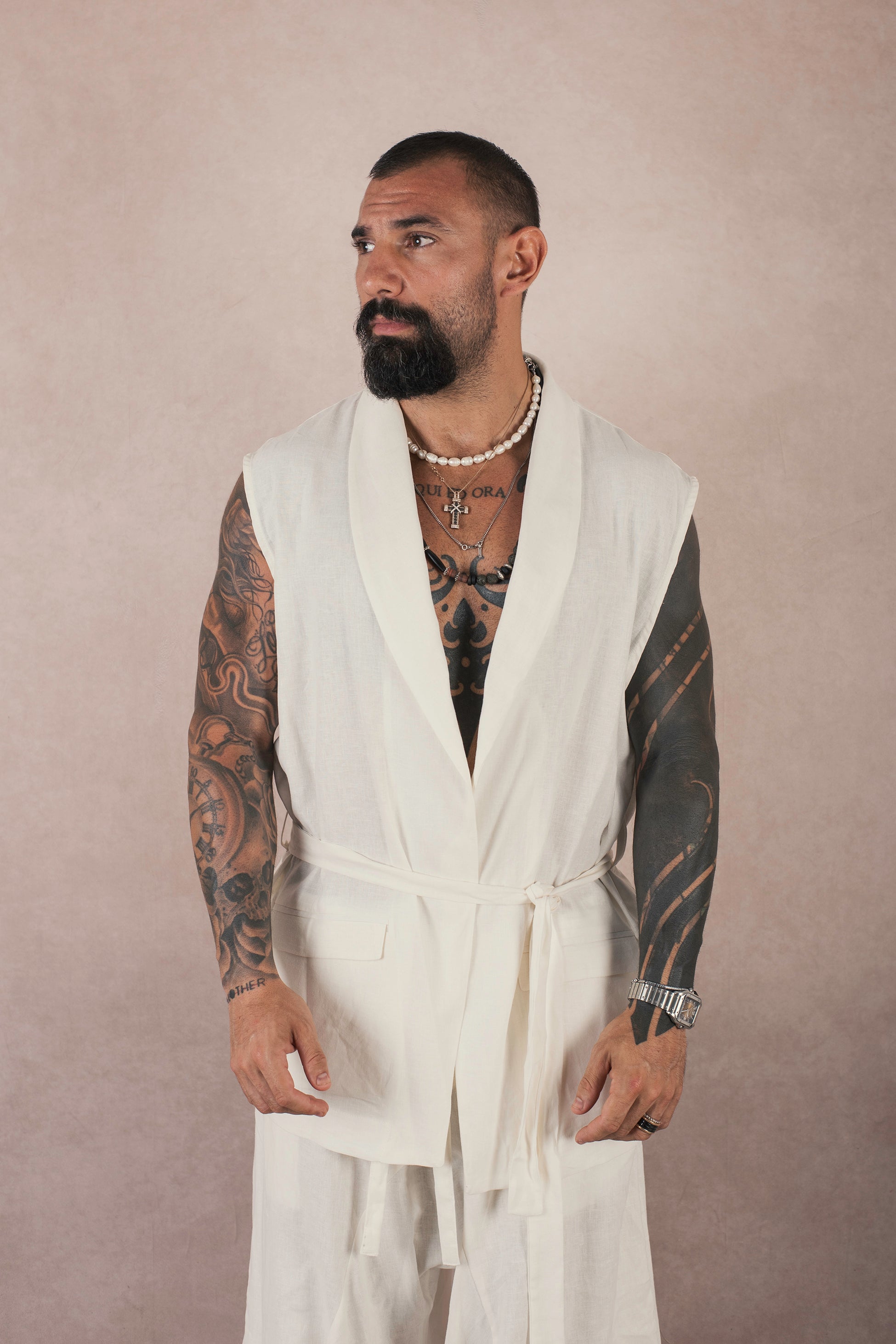 Kimono Smanicato In Lino Bianca