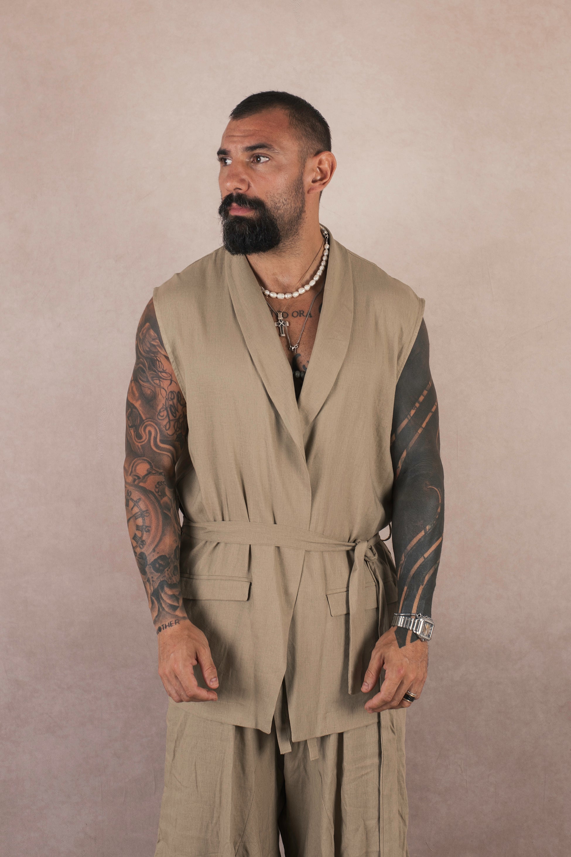 Kimono Smanicato In Lino Khaki