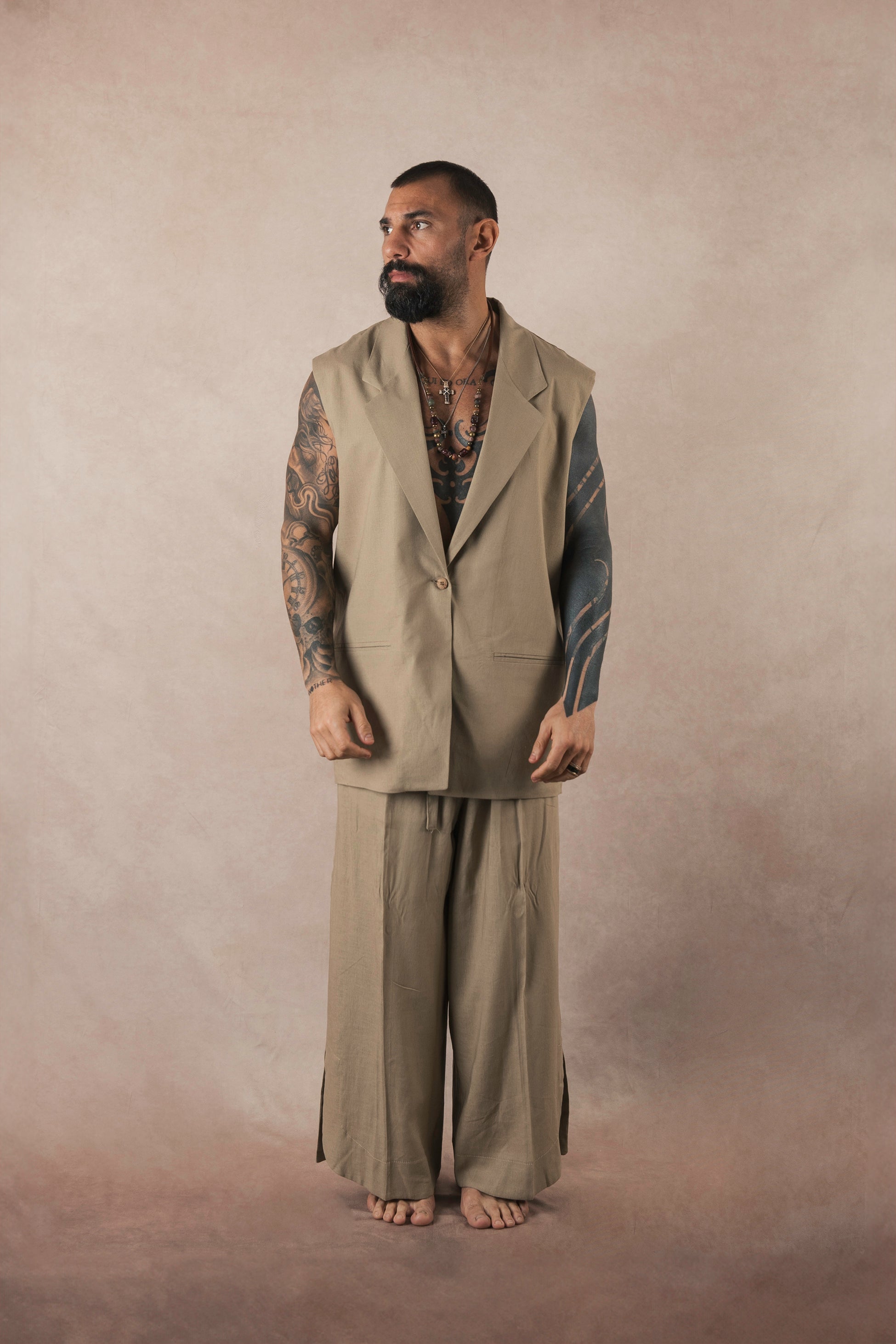 Khaki Linen Sleeveless Jacket