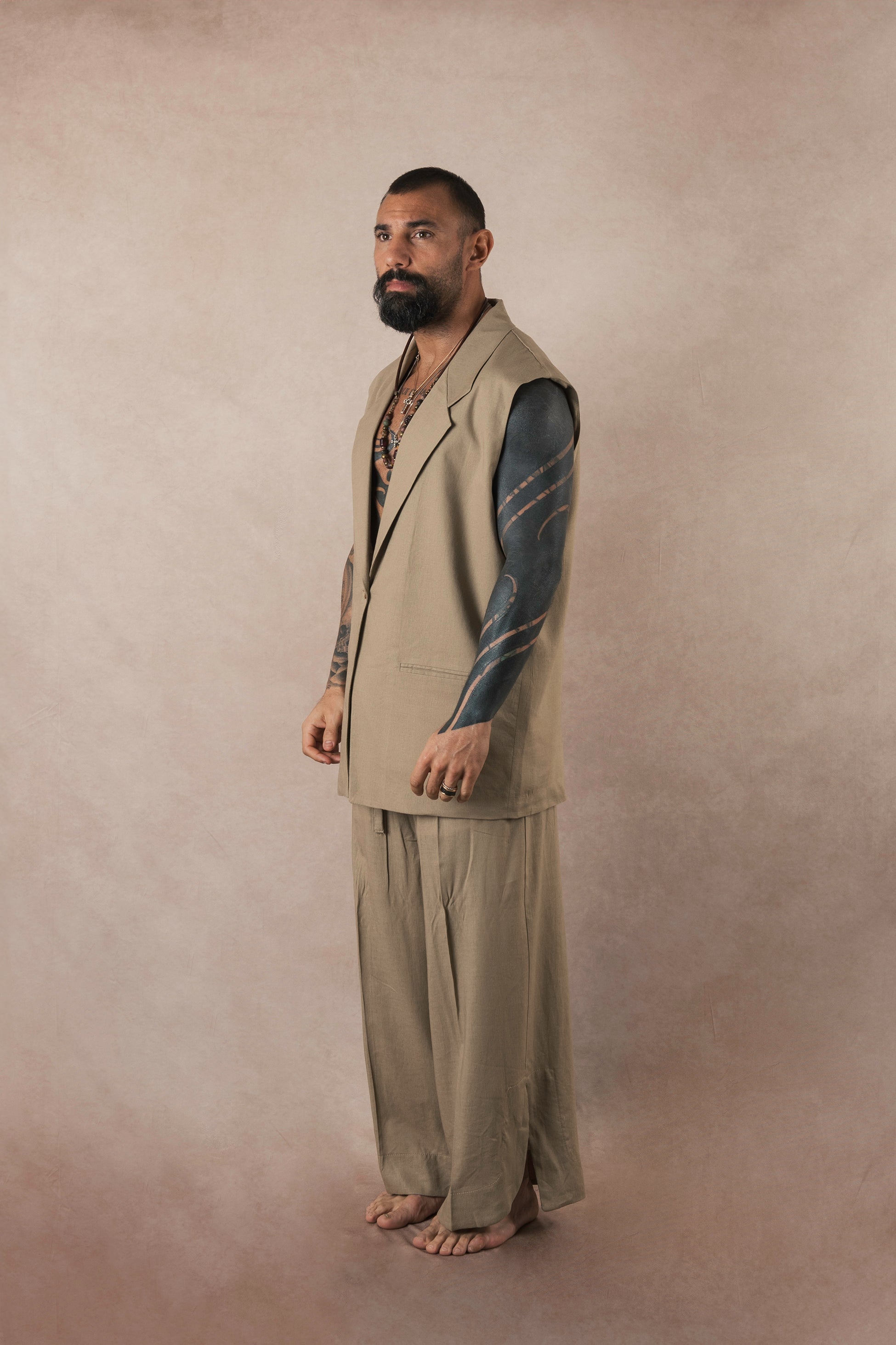 Khaki Linen Sleeveless Jacket