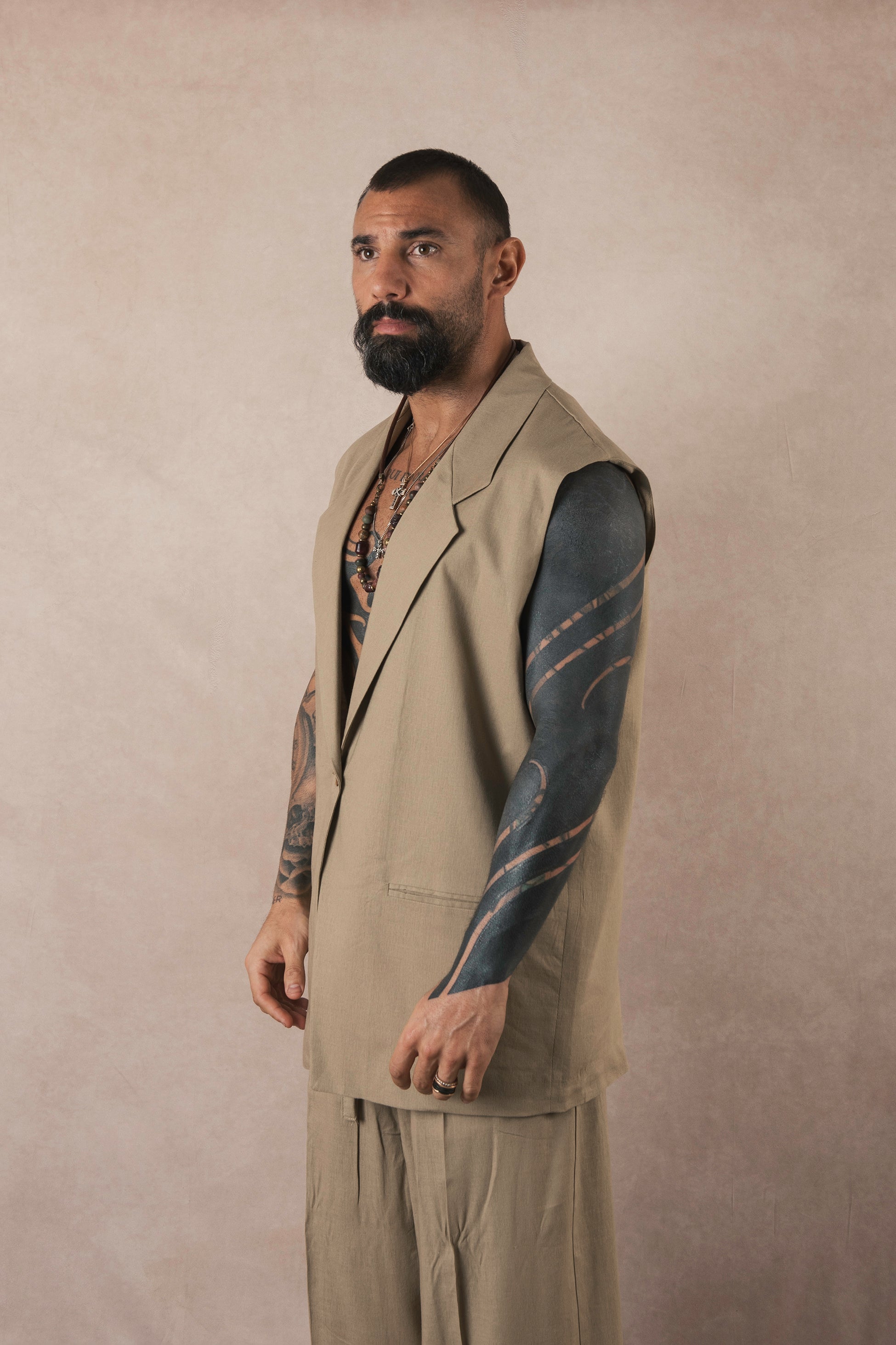 Khaki Linen Sleeveless Jacket