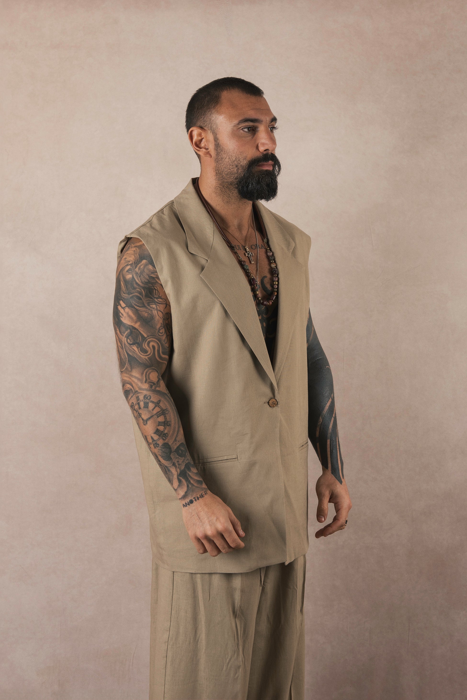 Khaki Linen Sleeveless Jacket