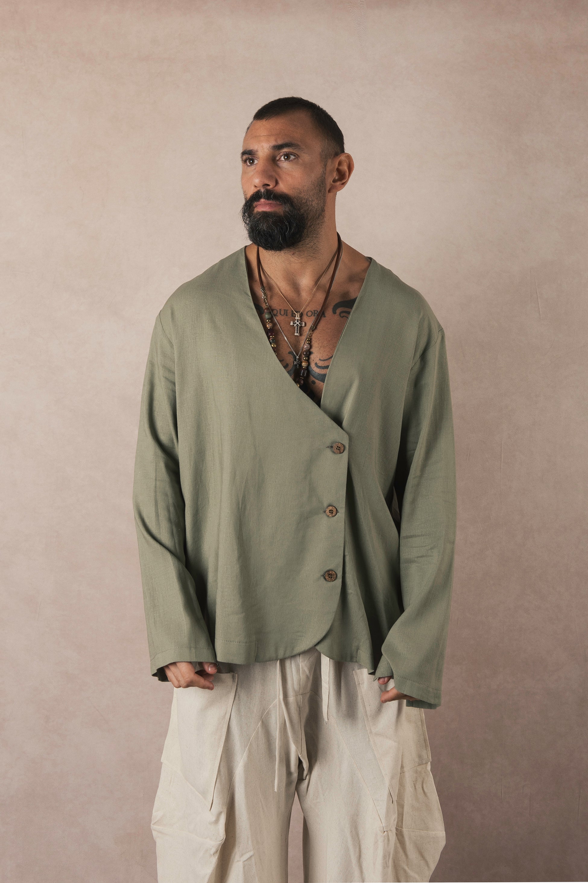 Asymmetrical Sage Linen Jacket