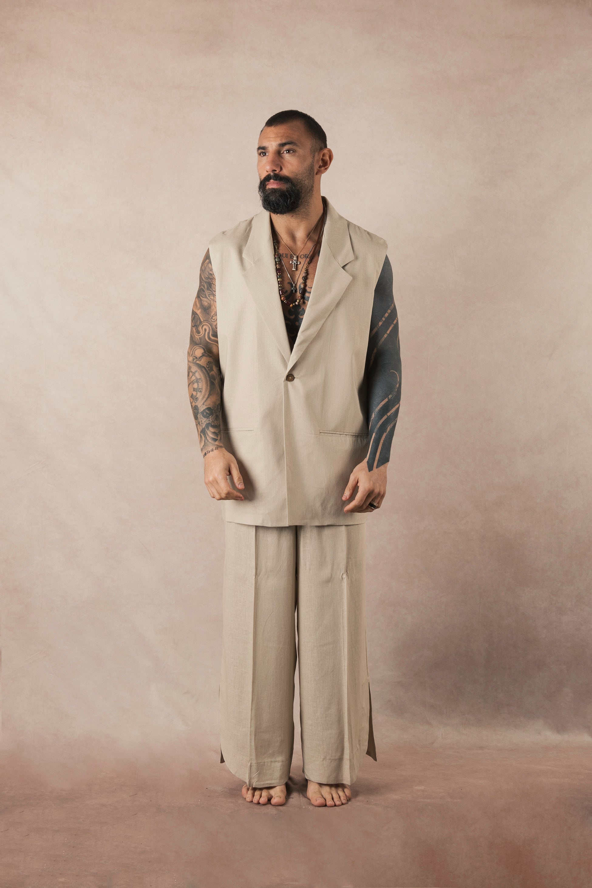 Beige Linen Sleeveless Jacket
