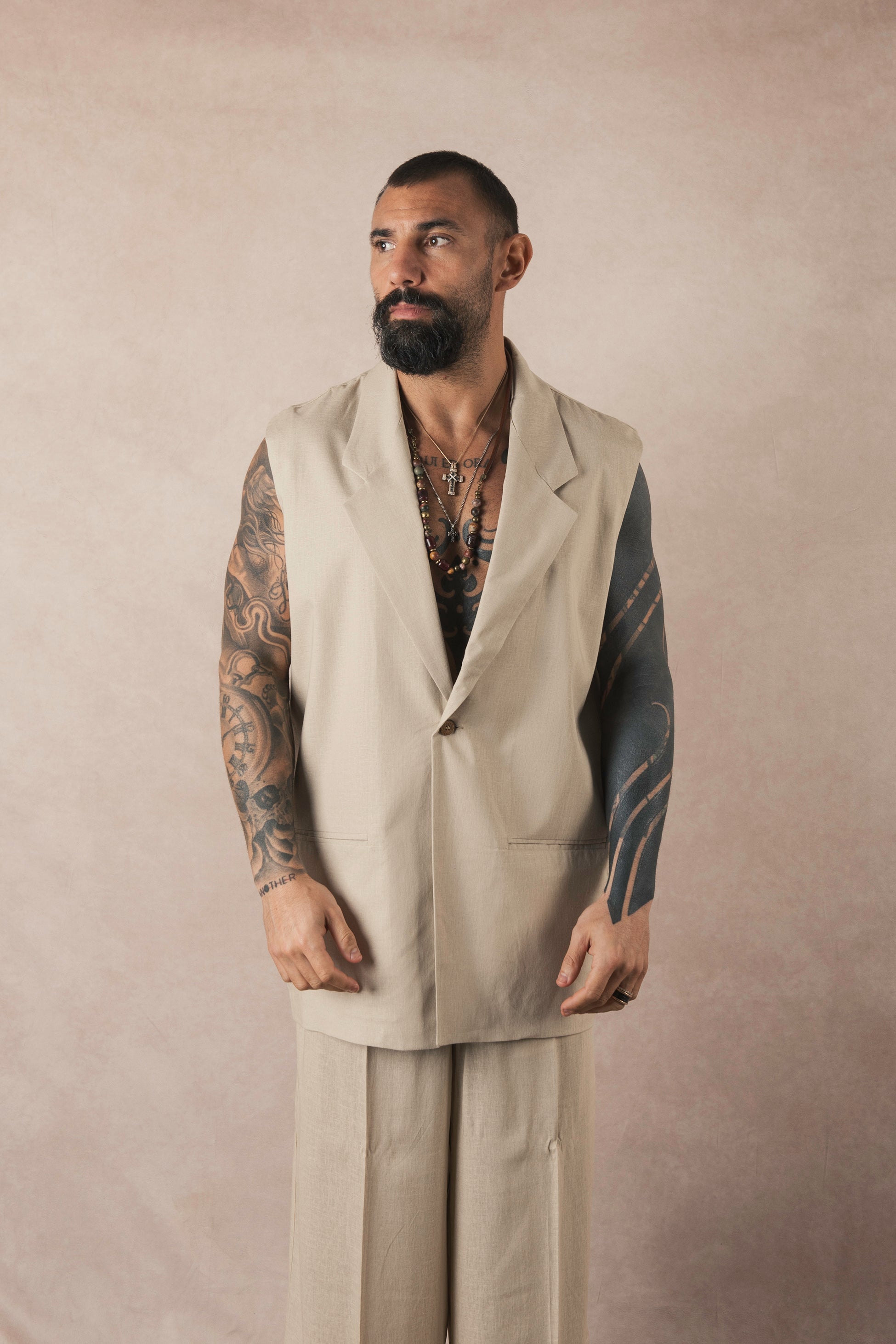 Beige Linen Sleeveless Jacket