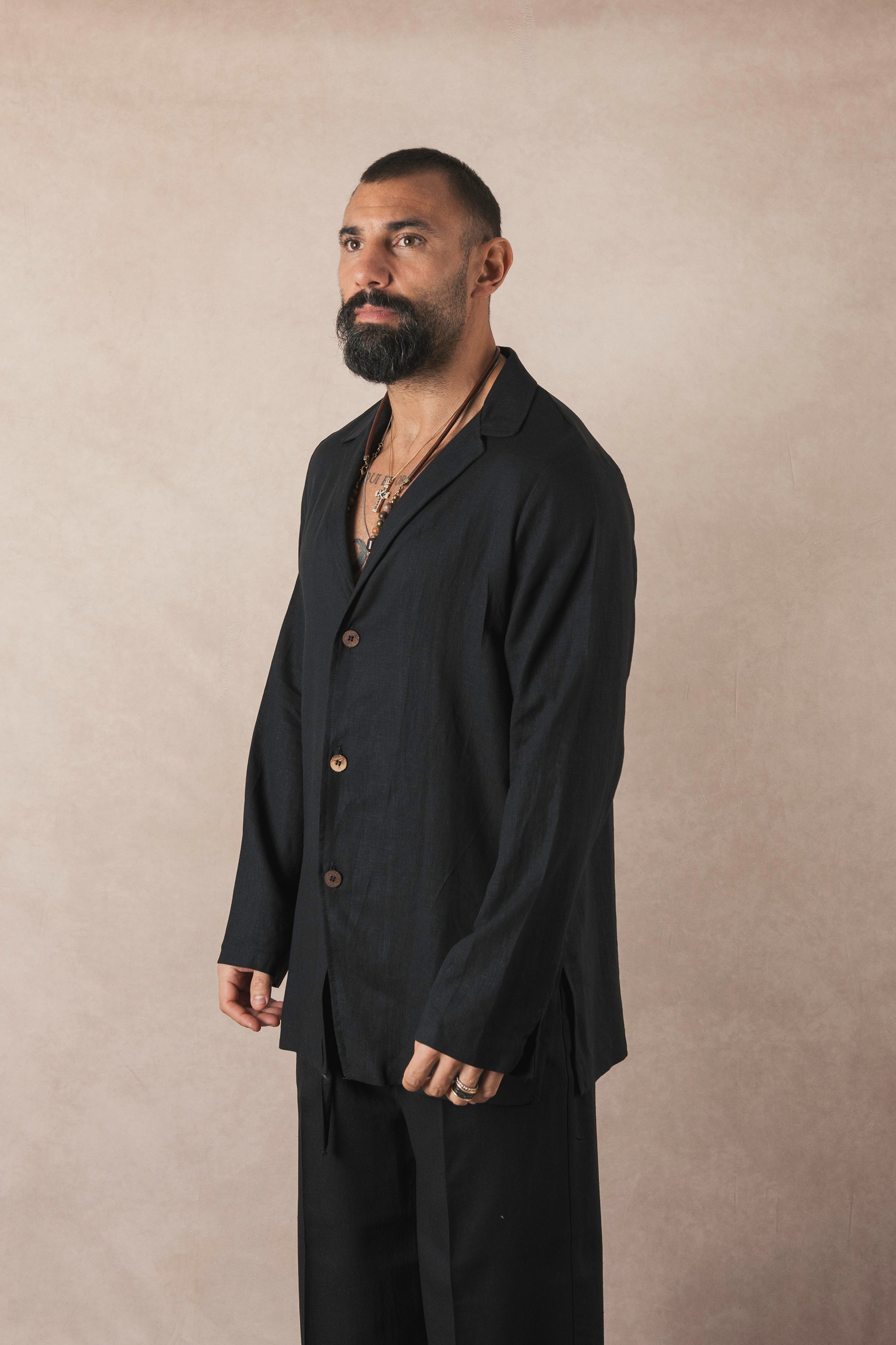 3 Button Black Linen Jacket