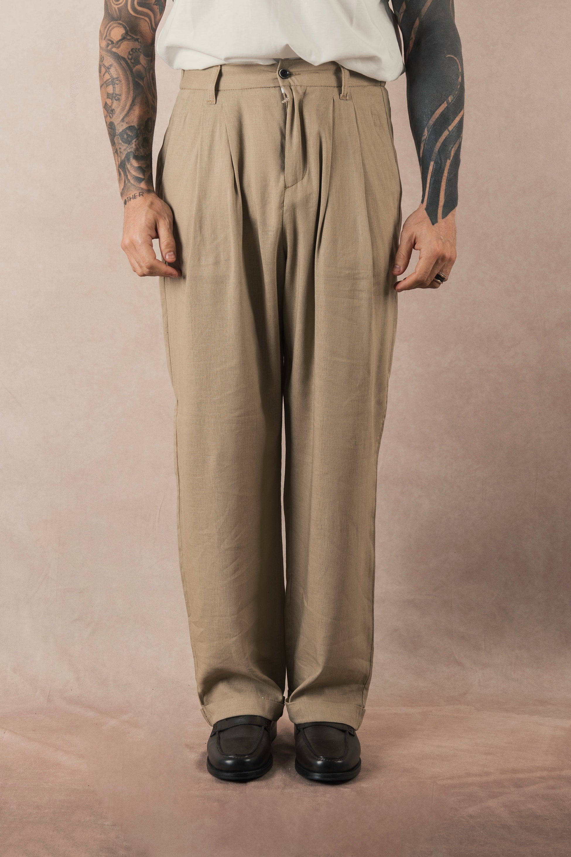 Khaki Linen Wide Leg Trousers