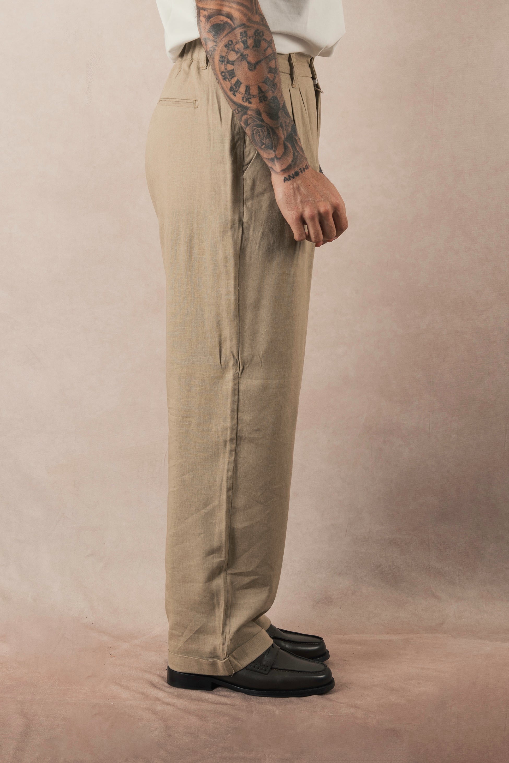 Khaki Linen Wide Leg Trousers
