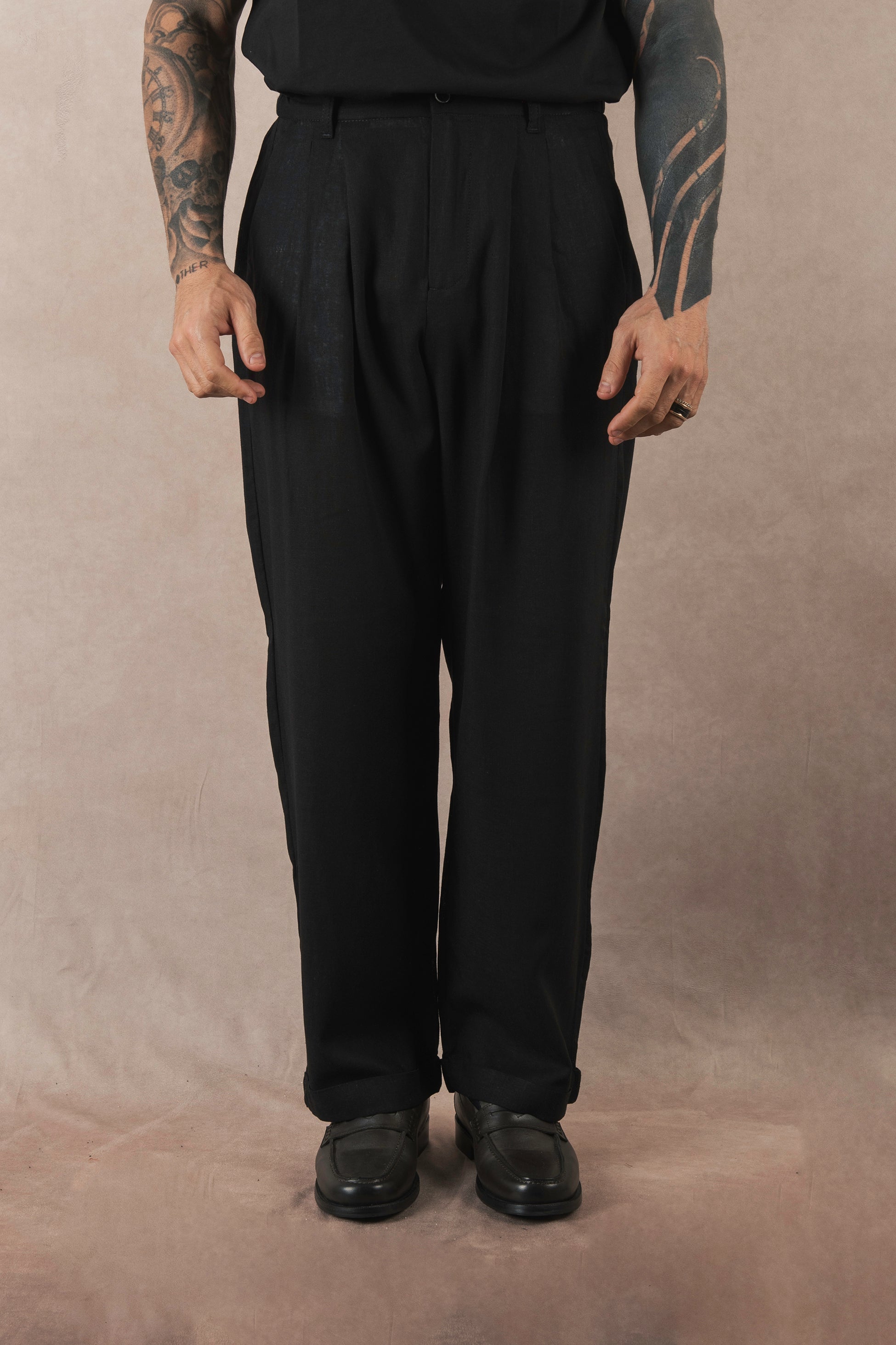 Black Linen Wide Leg Trousers