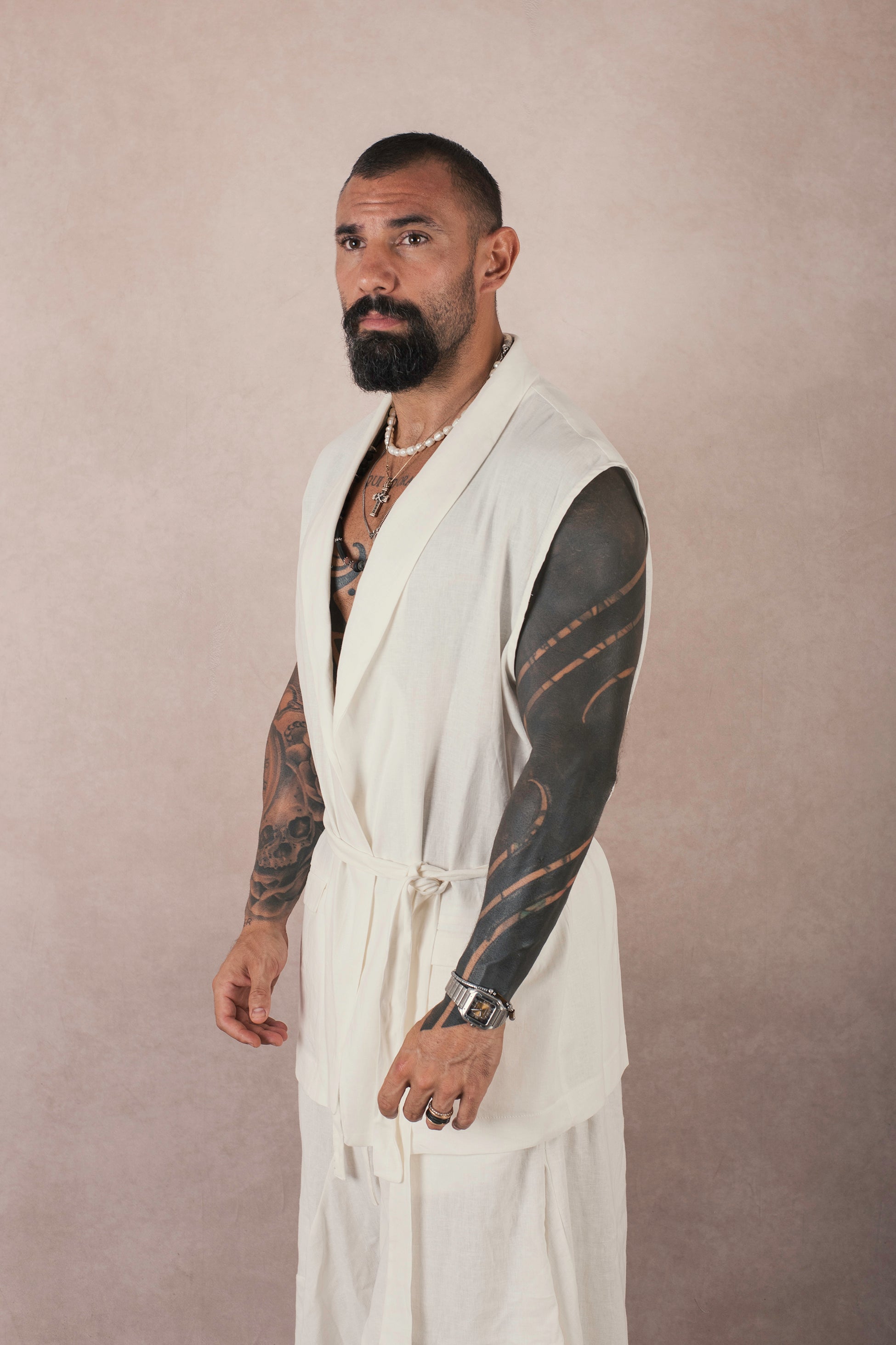 Kimono Smanicato In Lino Bianca