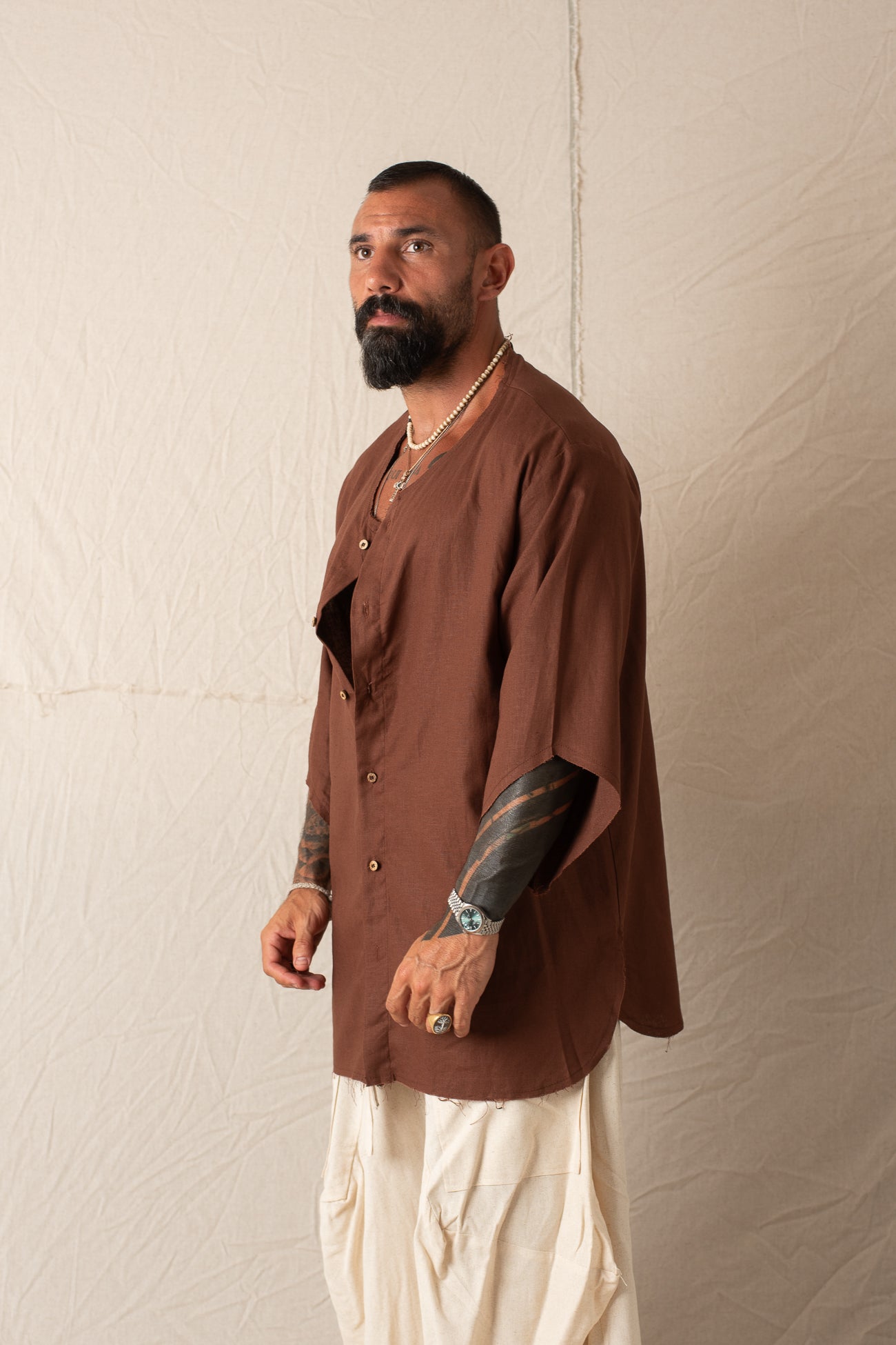 Camicia 3/4 In Lino Brown