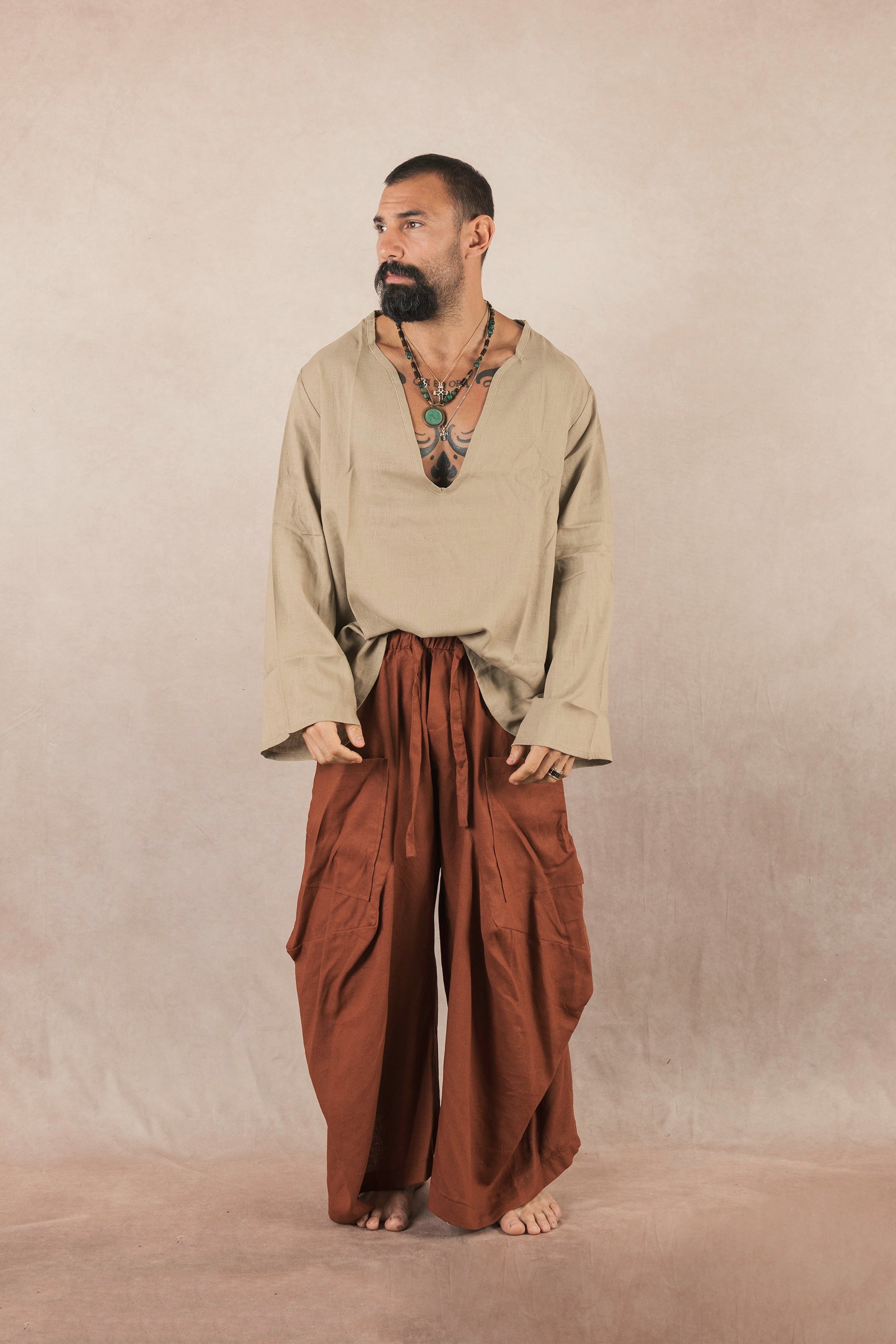 Casacca manica lunga in lino Khaki