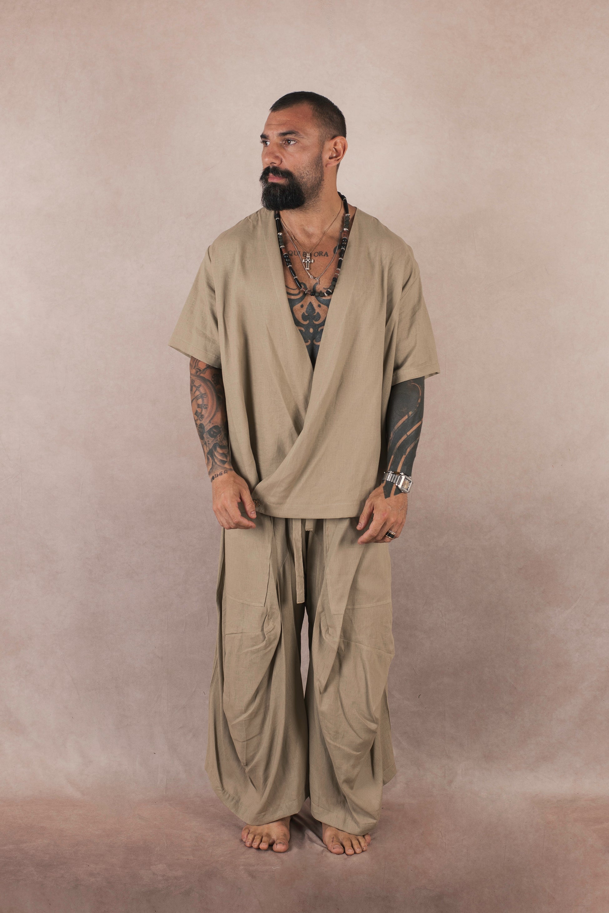 Camicia Incrocio In Lino Khaki