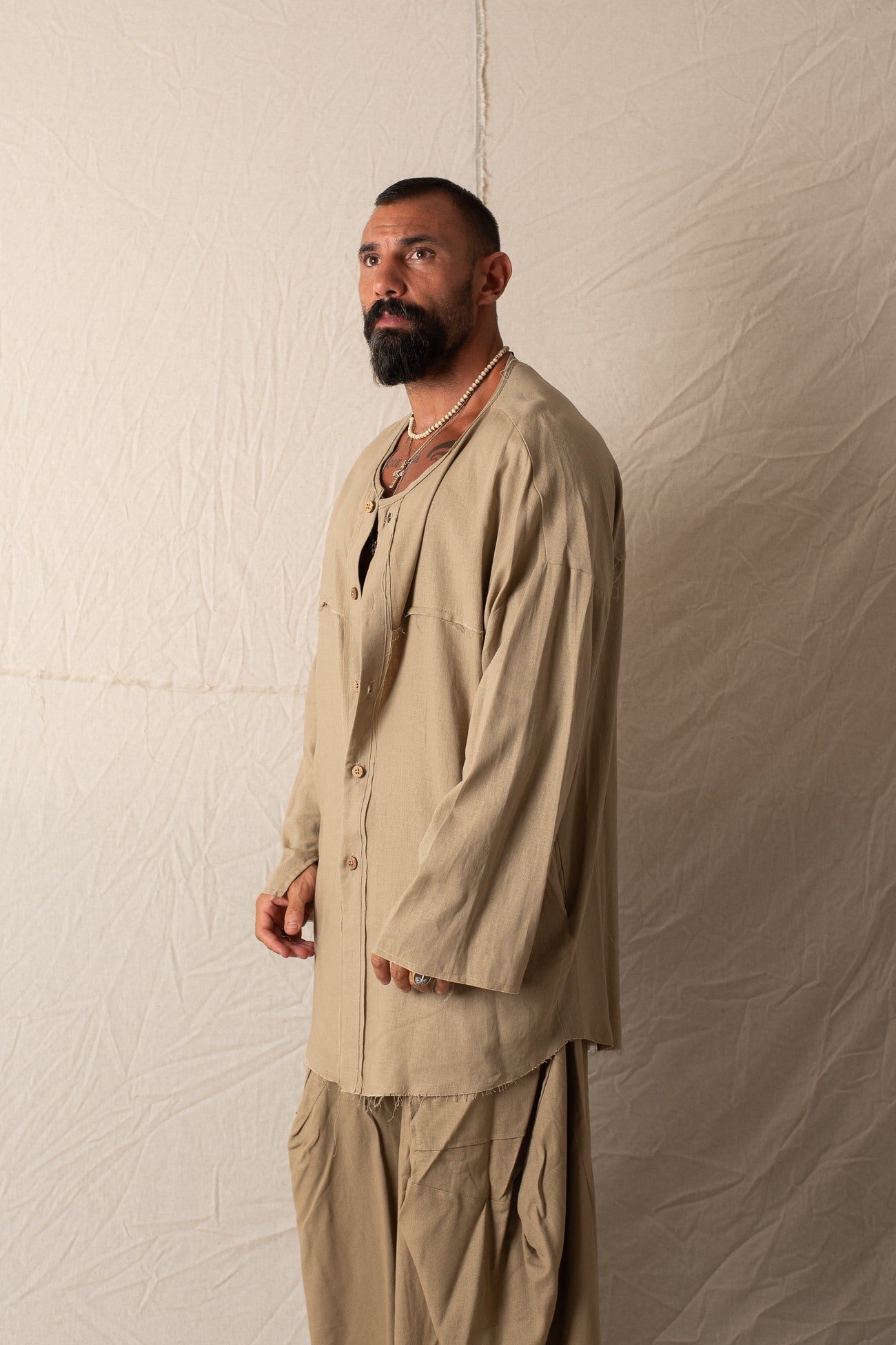 Camicia Manica Lunga In Lino Khaki