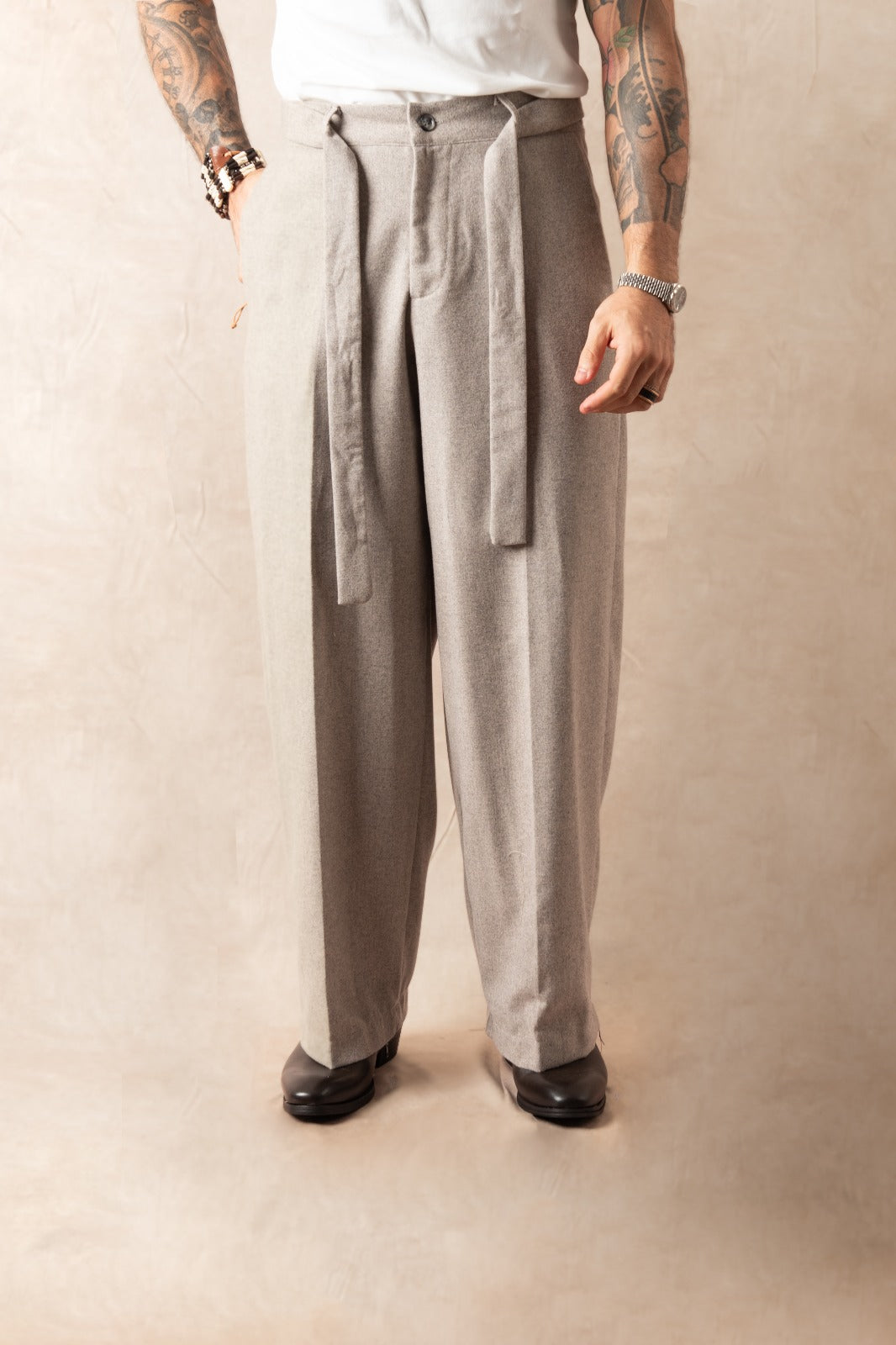 Pantalone Palazzo Con Bottone In Lana Greige