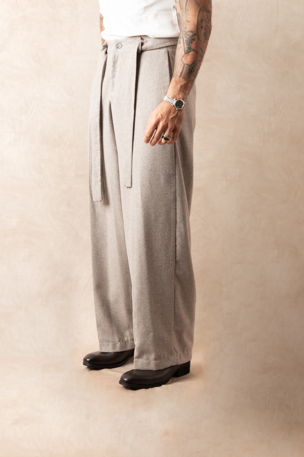 Pantalone Palazzo Con Bottone In Lana Greige