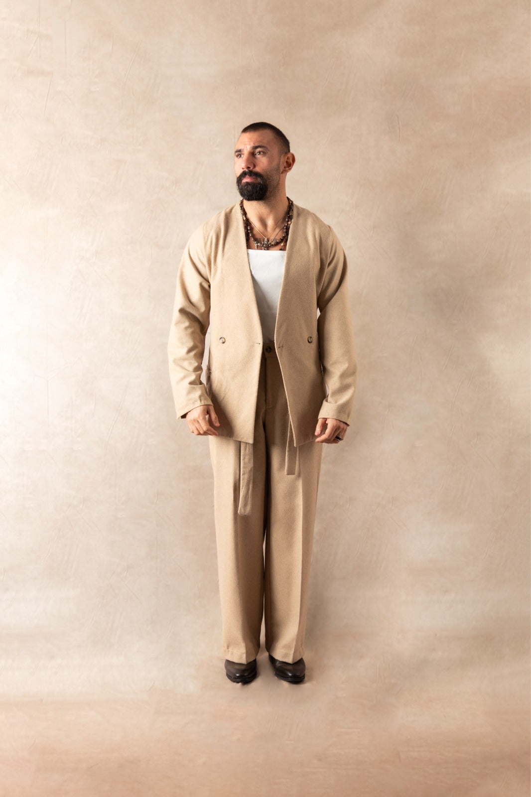 Pantalone Palazzo Con Bottone In Lana Beige