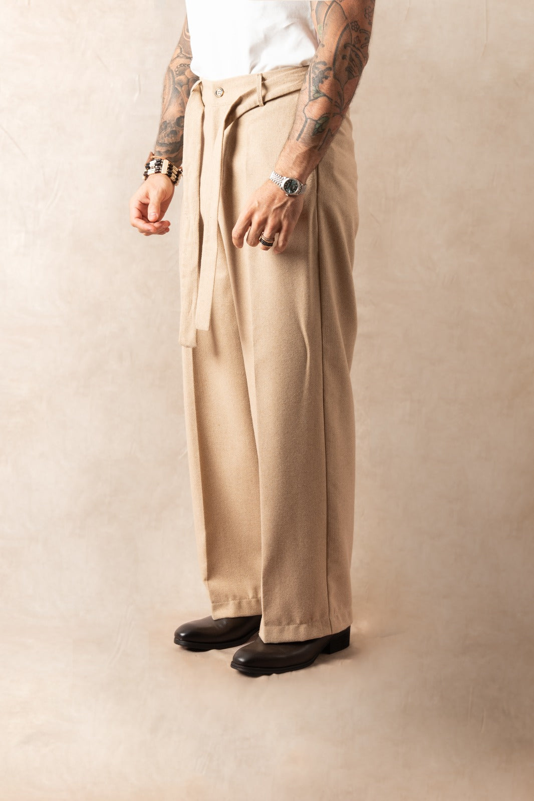 Pantalone Palazzo Con Bottone In Lana Beige